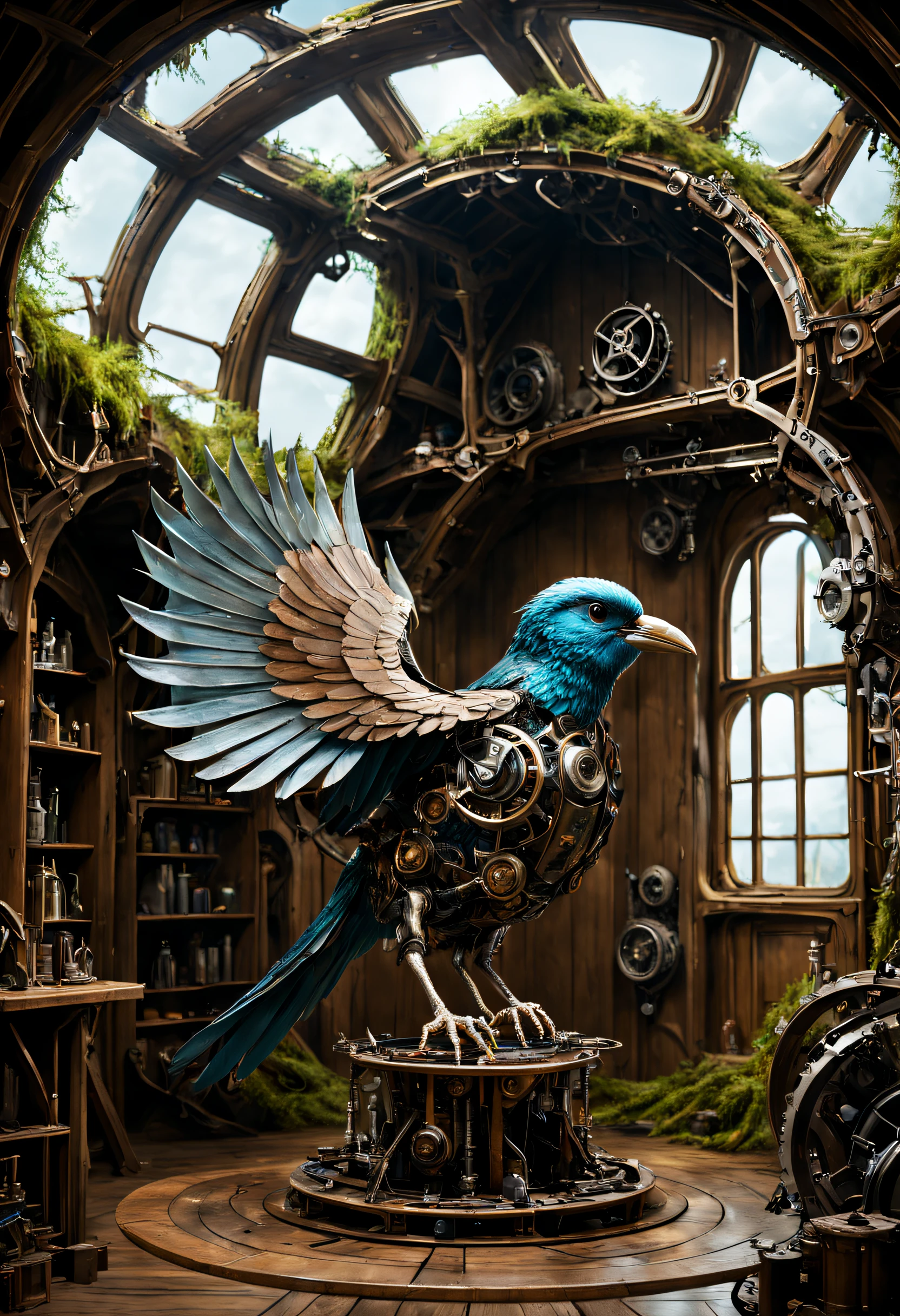 A bird made of mechanical parts is oiling its wings in an old tree room. Tolkien-style magical atmosphere.