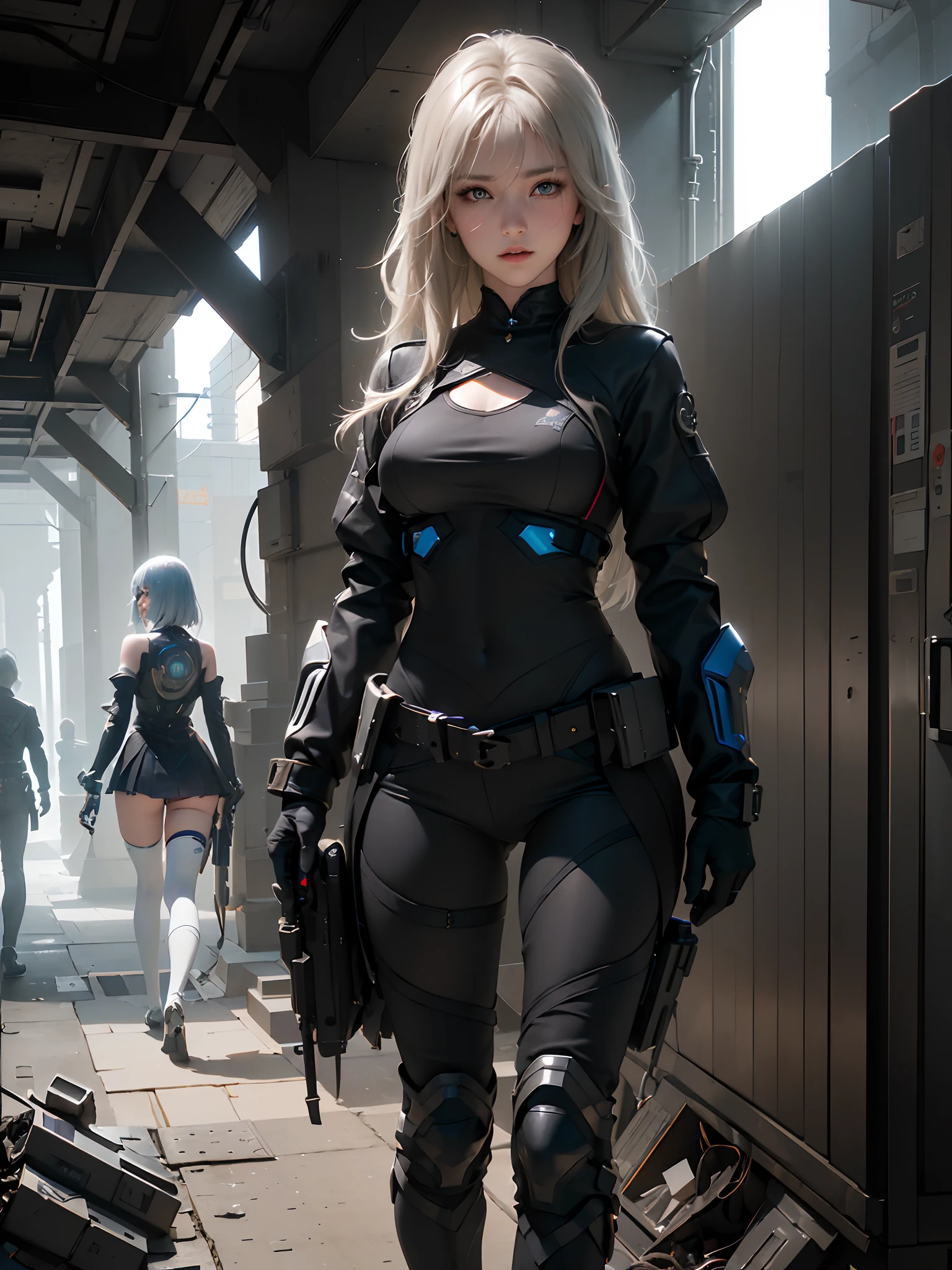 ((top-quality)), (((masterpiece)), (detaileds: 1.4), 3D, Beautiful Cyberpunk Woman Image, bob cuts, Broken black tights, leather clothes, Electromechanical, nffsw(HighDynamicRange), Ray traching, NVIDIA RTX, Hyper-Resolution, Unreal 5, Sub-surface scattering, PBR Texture, Postprocess, Anisotropy Filtering, depth of fields, Maximum sharpness and acutance, Multilayer Texture, Albedo and Highlight Maps, Surface Coloring, Accurate simulation of light-material interactions, perfectly proportions、octane renderings、two tone lighting、Large aperture、Low ISO、White Balance、thirds rule、8K Raw、masterpiece、top-quality、(8k extremely detailed CG unit wallpaper)(top-quality)、(The best illustrations)、(Best Shadows), blue eyes, long hair, big titt