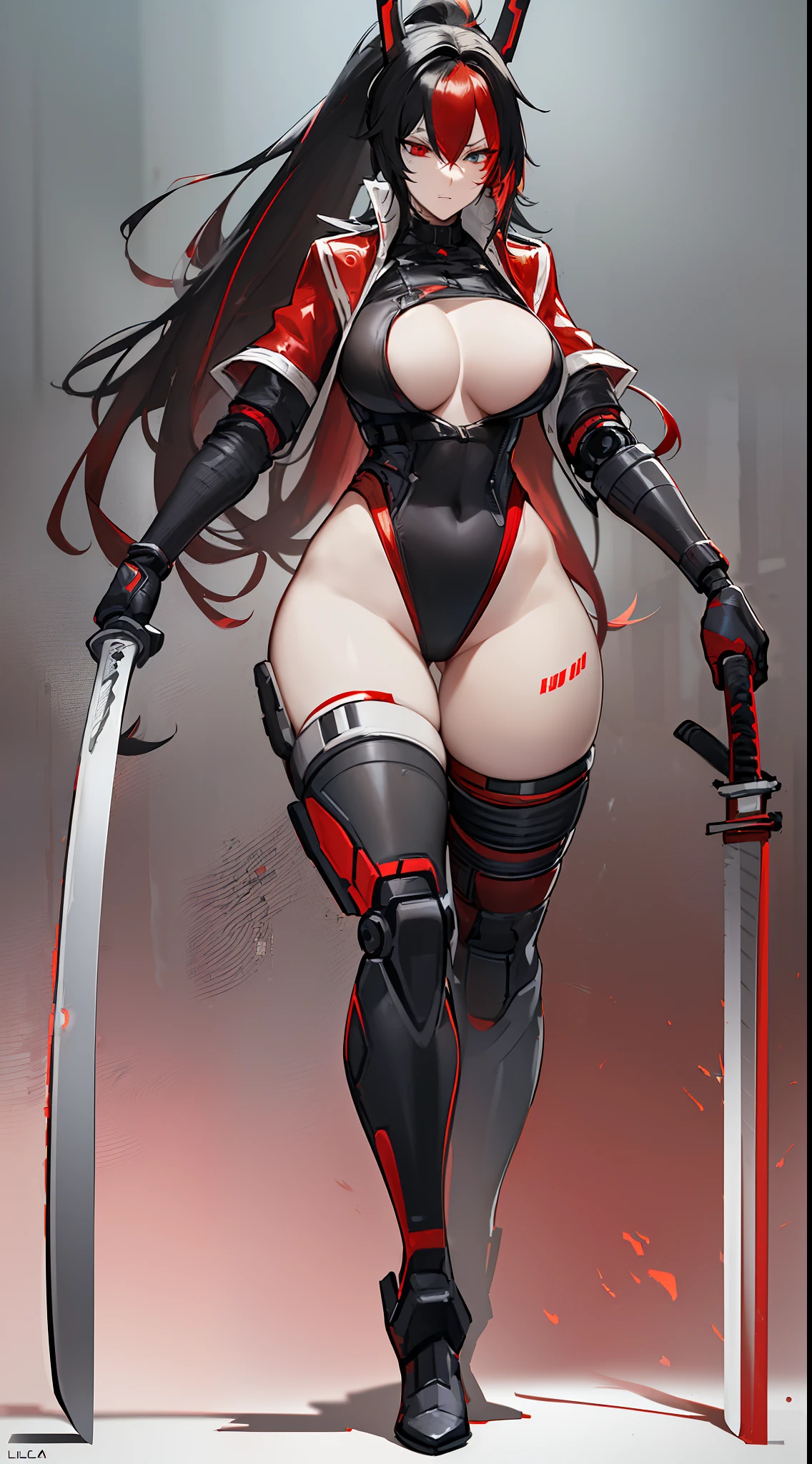 (best quality, masterpiece, anime) (solo) ((black hair:1.8), (hair with red highlights:1.7), (very long hair, single ponytail)), ((heterochromia_eyes_red_and_grey:1.4)), thick thighs, huge breasts, muscular, athletic, (cyborg:1.5), (robot arms:1.4), (robot legs:1.4), ((highcut leotard:1.8), one-piece, red_black_outift:1.3,) cleavage)), (jacket:1.3), (headgear, horn-like devices), toned body, 1 woman, (age 26), ((holding sword:1.6, katana, glowing)), beautiful, sexy, first rate body, (Lucia_Crimson_Weave:1.4), Lucia