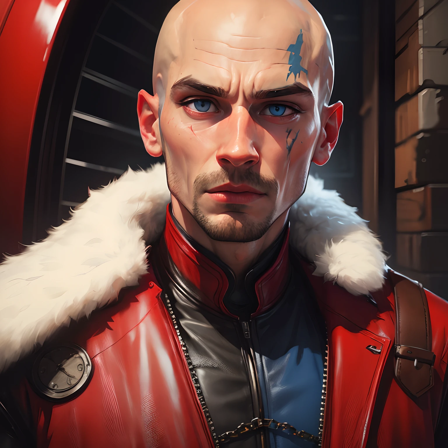 a bald russian with blue eyes and scars on his face, dressed in red leather, portrait hd