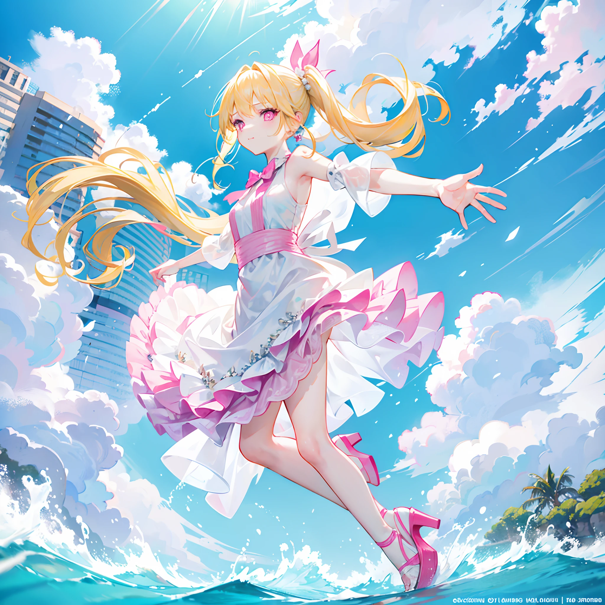 Light yellow hair,Double ponytail hairstyle,Pink eyes,Pink pupils,s girl,White gorgeous beautiful dress,High heels on the feet,Stand on the water with your feet,Full body photo from the side,All body,Fingers and arms are not exposed,background ocean,with blue sky and white clouds,Happy and happy expression,Cute gestures