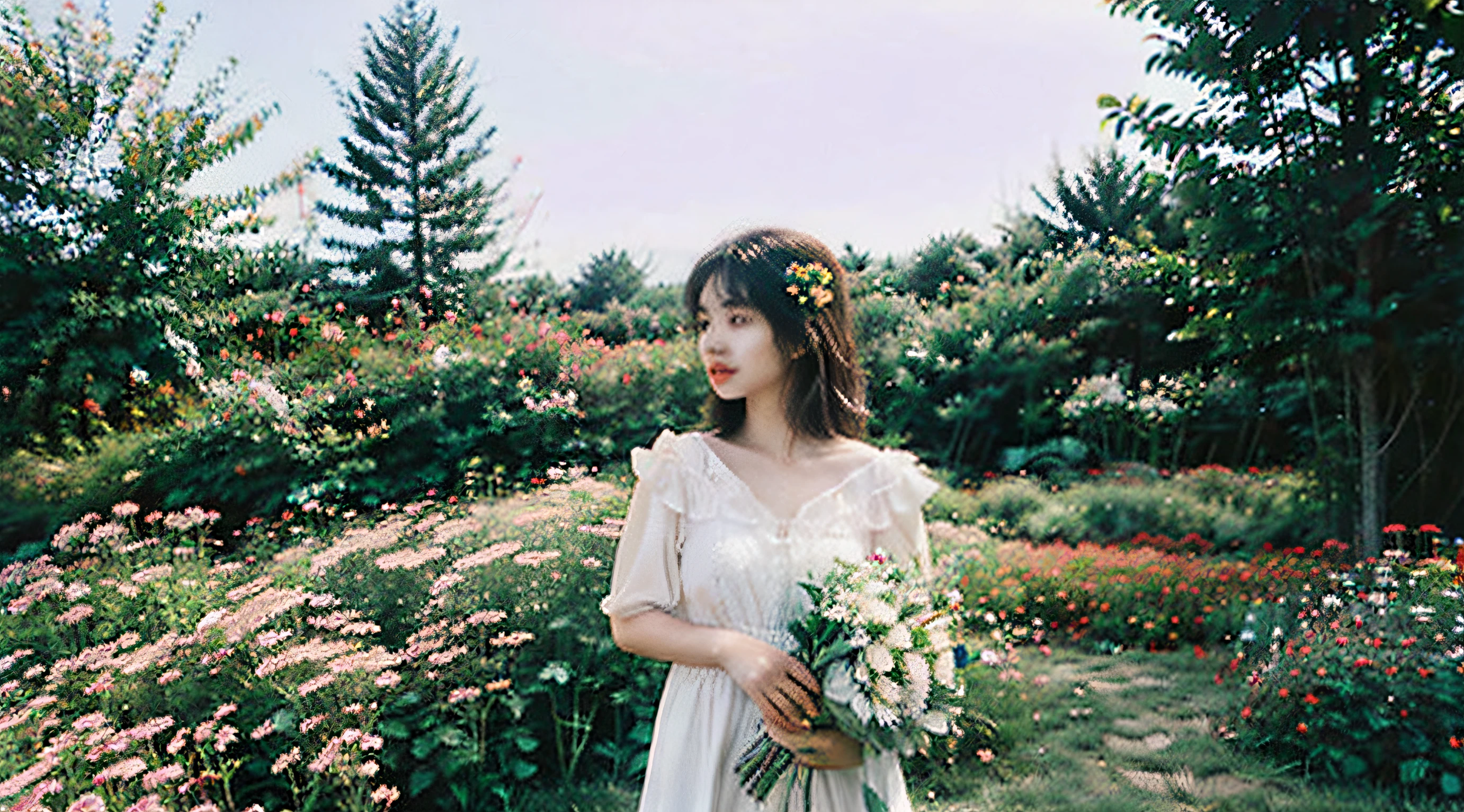 there is a  girl in a red and white dress holding a bouquet, girl in flowers, picking flowers, holding flowers, picking up a flower, girl standing in flower field, girl standing in a flower field, flowers on heir cheeks, girl in a flower field, portrait of girl in flower field, girl walking in forest, girl with a flower head