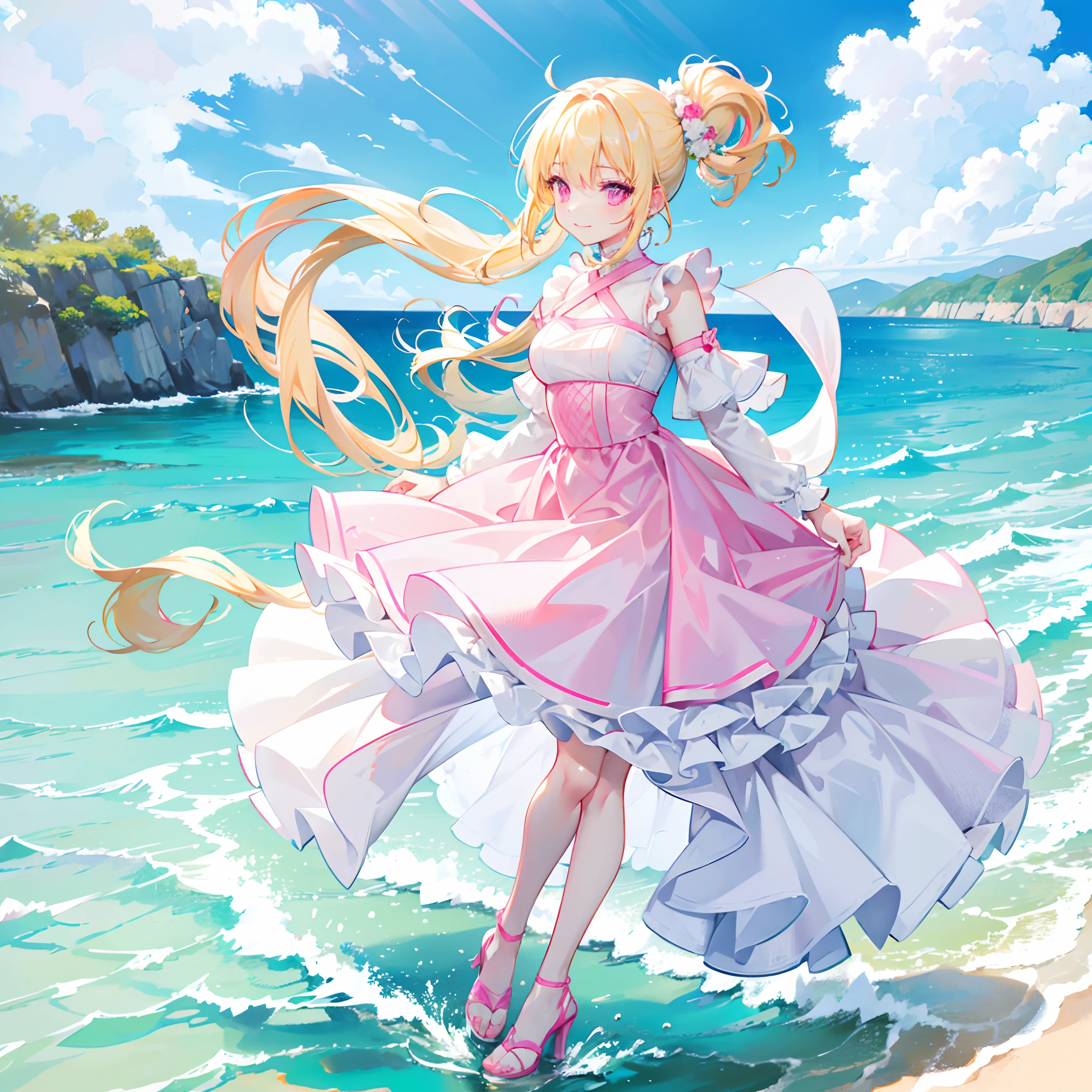 Light yellow hair,Double ponytail hairstyle,Pink eyes,Pink pupils,teens girl,White gorgeous beautiful dress,High heels on the feet,Stand on the water with your feet,Full body photo from the side,All body,Fingers and arms are not exposed,background ocean,with blue sky and white clouds,Happy and happy expression,Cute gestures
