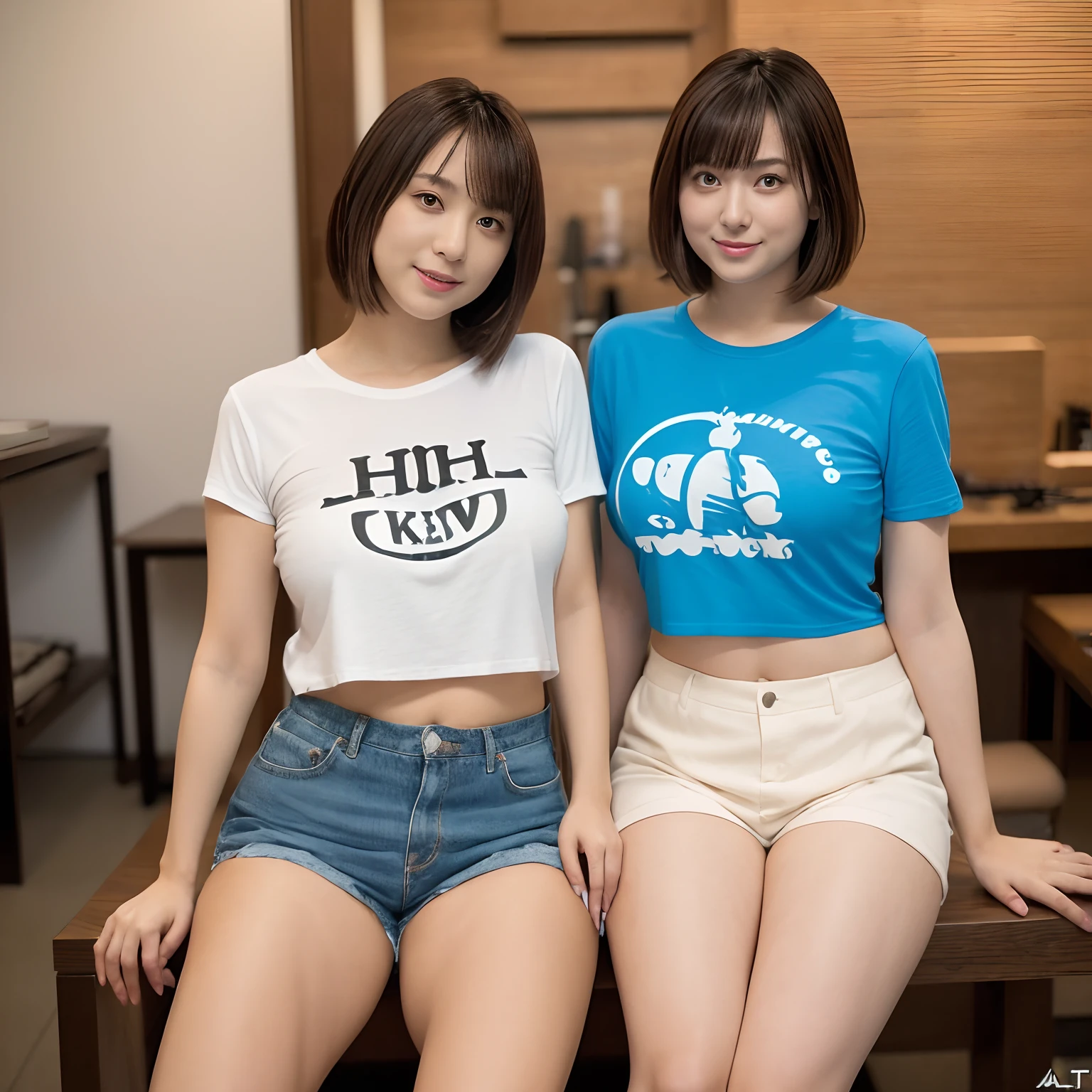 (8K、Raw photography、top-quality、masuter piece:1.2)、ultra-detailliert、ultra res、(realisitic、rialistic photo:1.37)、portlate、high-definition RAW color photography、2girls,Full body shot、smil、plump figure:1.2、(Curvaceous:1.4)、big butts、Hourglass-shaped body shape、(Plenty of thighs:1.4)、((large full breasts:1.2)),Cropped T-shirt, skinny T-shirt, tight open-cut top, Hot Pants Shorts、japanes