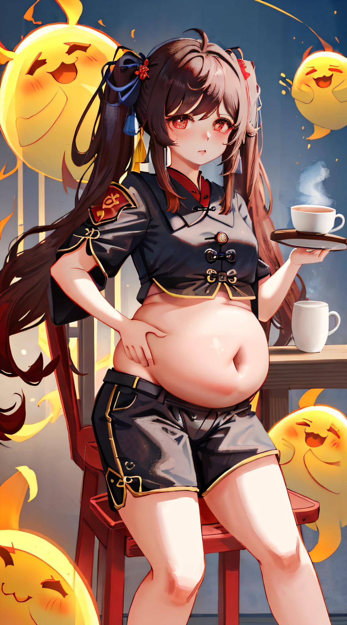 Masterpiece, Best Quality,
1Girl, Hu Tao (genshin impact), Butao (Butao (Boo Tao)),has, Red Eyes, twintail, Brown hair, Solo, symbol-shaped pupils, Long hair,bangss, black shorts , chinese clothes,(belly fat:1.4), coffee shop, a chair, Sedentary