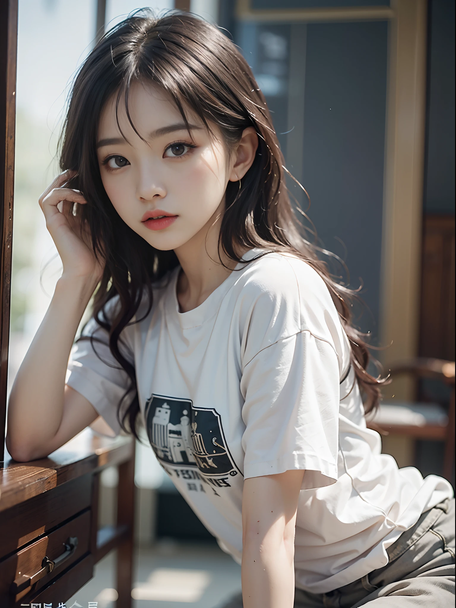 Woman in big t-shirt、Leaning forward while standing、drooping eyes: 1.3,, (in 8K) , master piece, (No retouching, Lip gloss, False eyelashes, Real Skin, of the highest quality, 超A high resolution, depth of fields, chromatic abberation, Caustics, Wide Lighting, Natural Shading))Korean Idols、Live action、Sauce order、Japanese Models, Shot with Canon EOA 6 D Mark II, taken with canon eos 5 d mark iv, Young Gravure Idol,