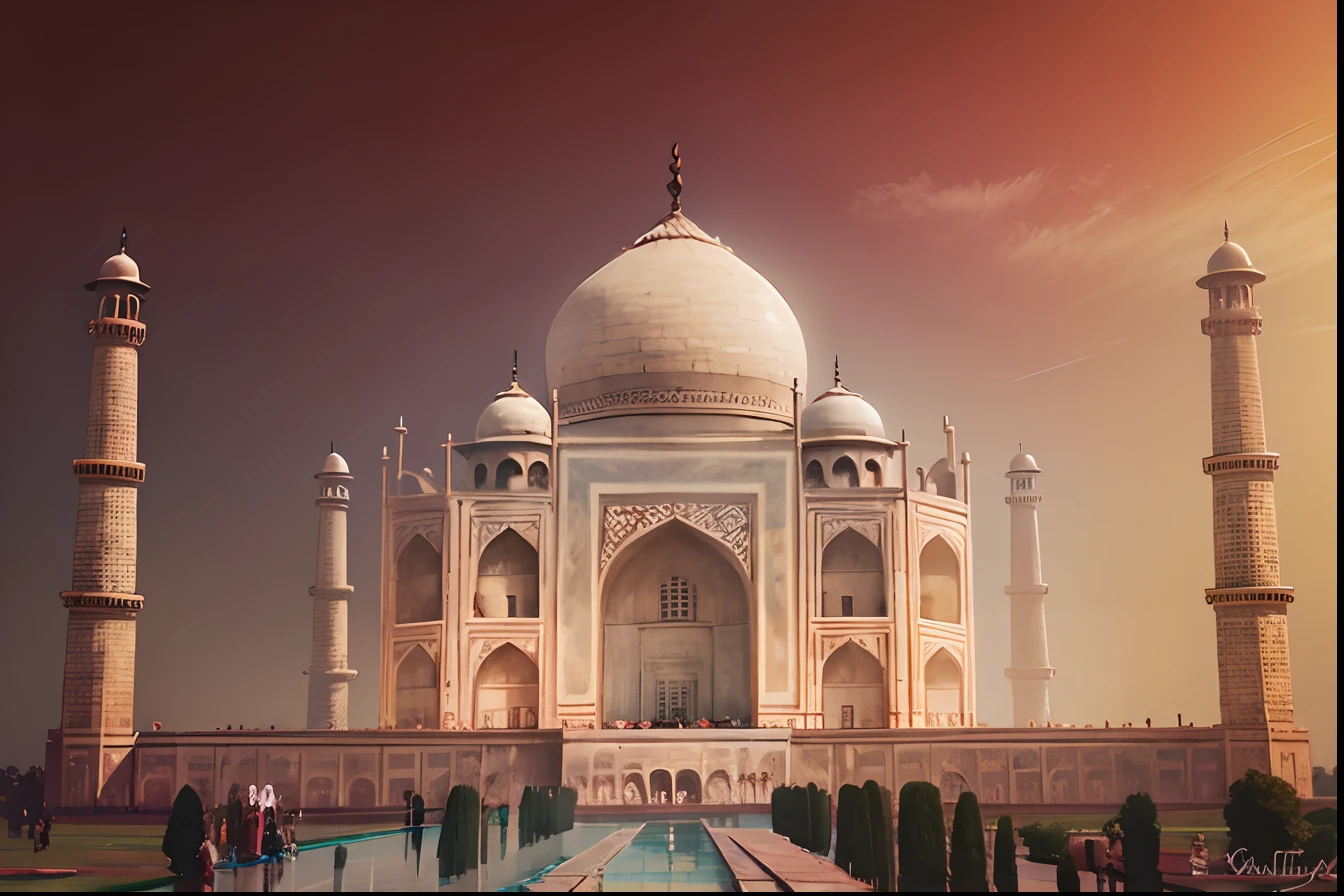 Taj Mahal realistic picture raining weather and people running