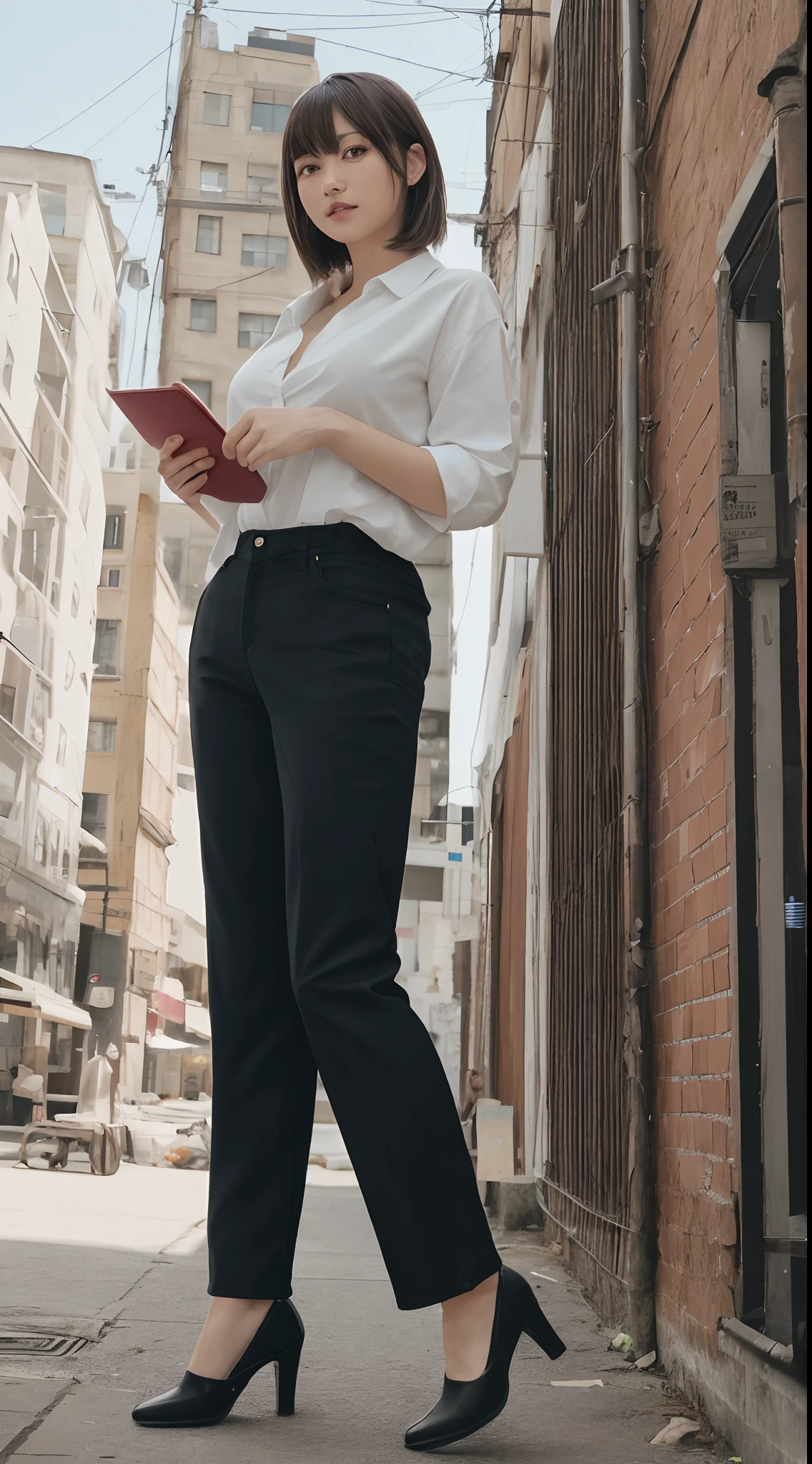 masutepiece、Best Quality、 ultra-detailliert、hight resolution、8K Wallpapers、Perfect dynamic composition,、Beautiful detailed eyes、(Beautiful Large Breasts:1.3)、27-year-old beauty、Asian Beauty、top-quality、Beautuful Women、Brown hair、Pattsun bangs、bob cuts、a small face、Cool Girl、black business jacket、Black Business Pants、Colossal tits、Chest protruding greatly from the shirt,、A slender、slender body with large breasts,,,,,,,,,,,,,,,,,,,,,、Leather Heel Shoes、up chest、Rooftop of an urban building、Holding a book in your right hand、Beautiful woman reading a book、The left hand puts his hand in the pocket of his pants、Beautiful right hand、Beautiful left hand、The beauty of looking at books、sunlight from sky、Silence、Transcendental tranquility、Super detailed illustration、extra detailed face、Raw photography、film grains、Deviantart Trends、