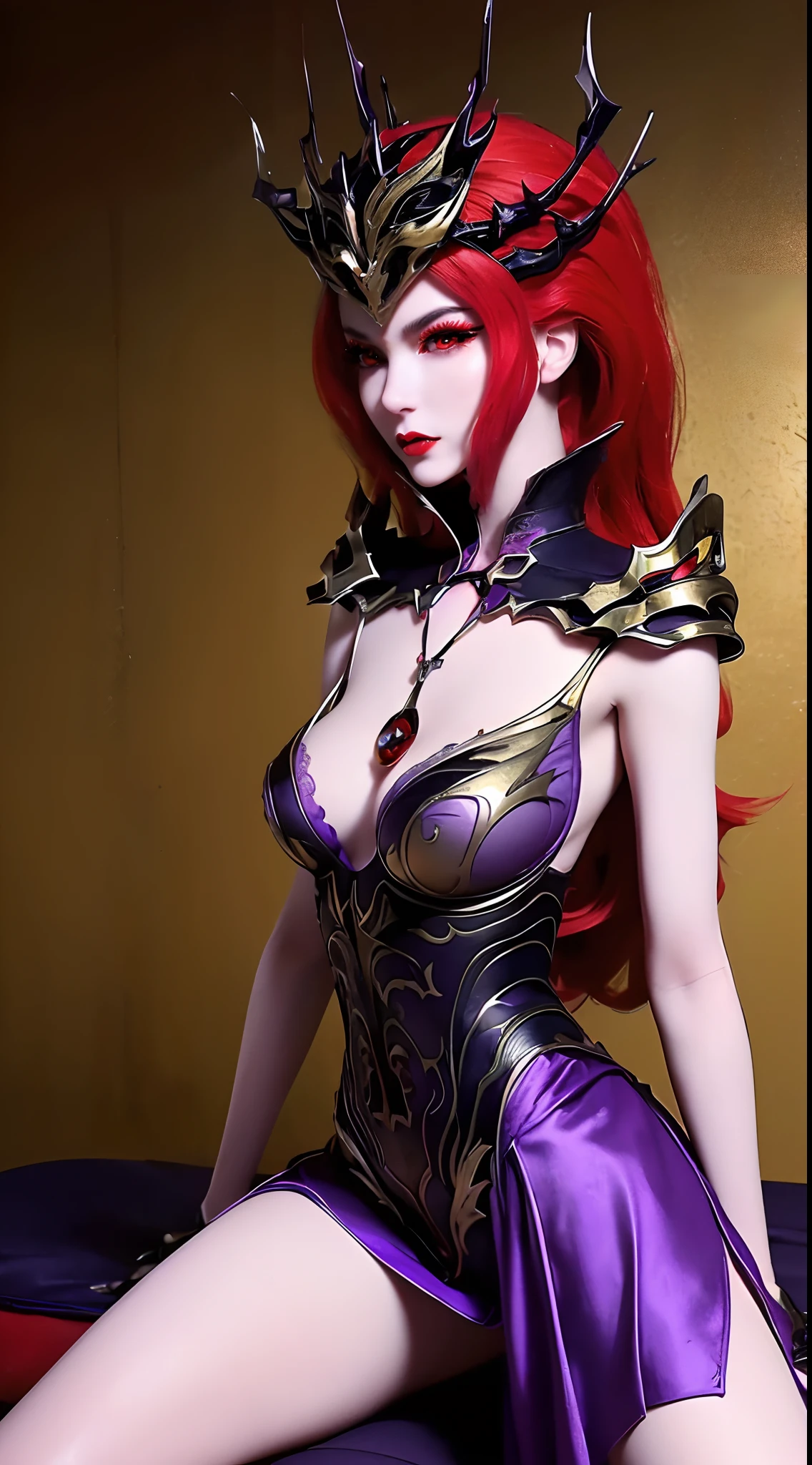 1 beautiful and sexy 20 year old girl, ((wearing traditional Hanfu armor with main colors purple and red:1.6)), not wearing pants, sexy hanfu style, ((long red hair:1.2)), jewelry elaborately made from precious stones and beautiful hair, ((wearing a 24k gold lace necklace:1.4)), the noble, noble style of an extremely beautiful girl, her small face is super cute, her face is very pretty, thin eyebrows, flawless beautiful face, ((black eye pupils: 0.8)), very beautiful eyes, ((light red eyes: 1)), (((big round eyes:1.6))), nice makeup and hair detailed eyelashes, steamy eye makeup, high nose, earrings, red lips, ((closed mouth: 1.5)) beautiful lips, slim hands, most beautiful thighs, ((arms spread out to the sides: 1.5)), rosy face, clean face, flawless beautiful face, smooth white skin, (big breasts: 1.5)), tight breasts, beautiful cleavage, (((big breasts and super round: 1.8))), beautiful breasts, perfect body, ((put girl's arms behind her back:1.6)), chest out, sit down on the bed, ((Open your legs:1.5)), not ashamed, 8k photo, super high quality, super realistic, super 10x pixels, optical, bright studio, bright edges, dual-tone lighting, (high-detail skin:1.2), super 8k, soft lighting, high quality, volumetric lighting, photorealistic, photorealistic high resolution, lighting, best photo, 4k, 8k quality, smooth sharp, 10x pixel, ((bedroom background and small purple bed:1.5)), aurora, lightning, super graphics realistic, most realistic graphics, 1 girl, alone, solo, Extremely sharp image, surreal, ((portrait:1.8))."