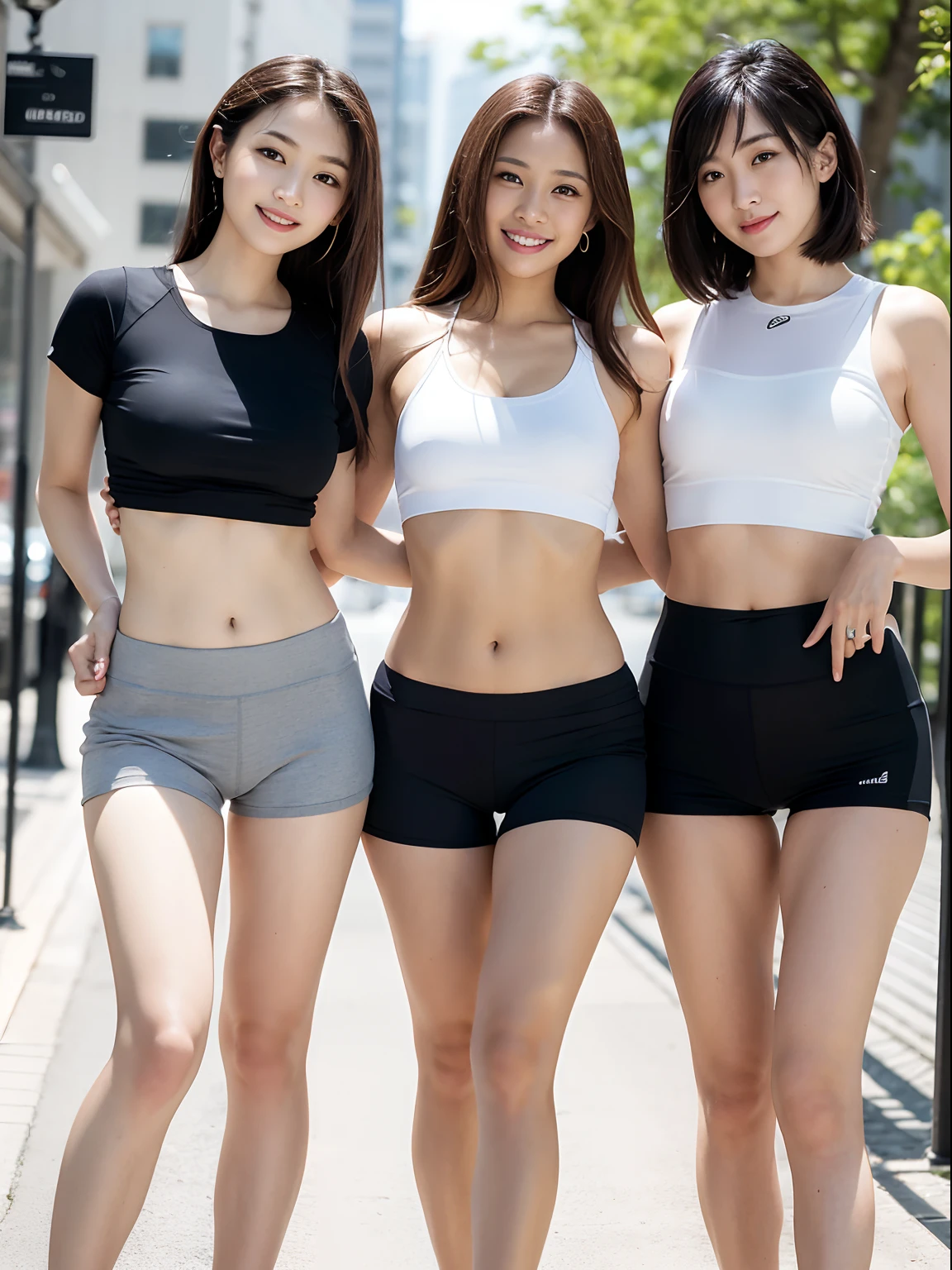 (Photorealsitic)Beautuful Women, (8K Beauty Full Body Portrait), (Three people stood, happy laughing,Perfect facial detail, attractive beautiful face, 二重まぶた, Beautiful detailed eyes, long eyelasher), (Smile: 1.15), ligh brown hair, short-cut, toyko, young ,3 women, Colossal tits, Toned waist, Beautiful thin legs, Yoga Sportswear,Yoga Sports Shorts,Long legs,delicate finger。