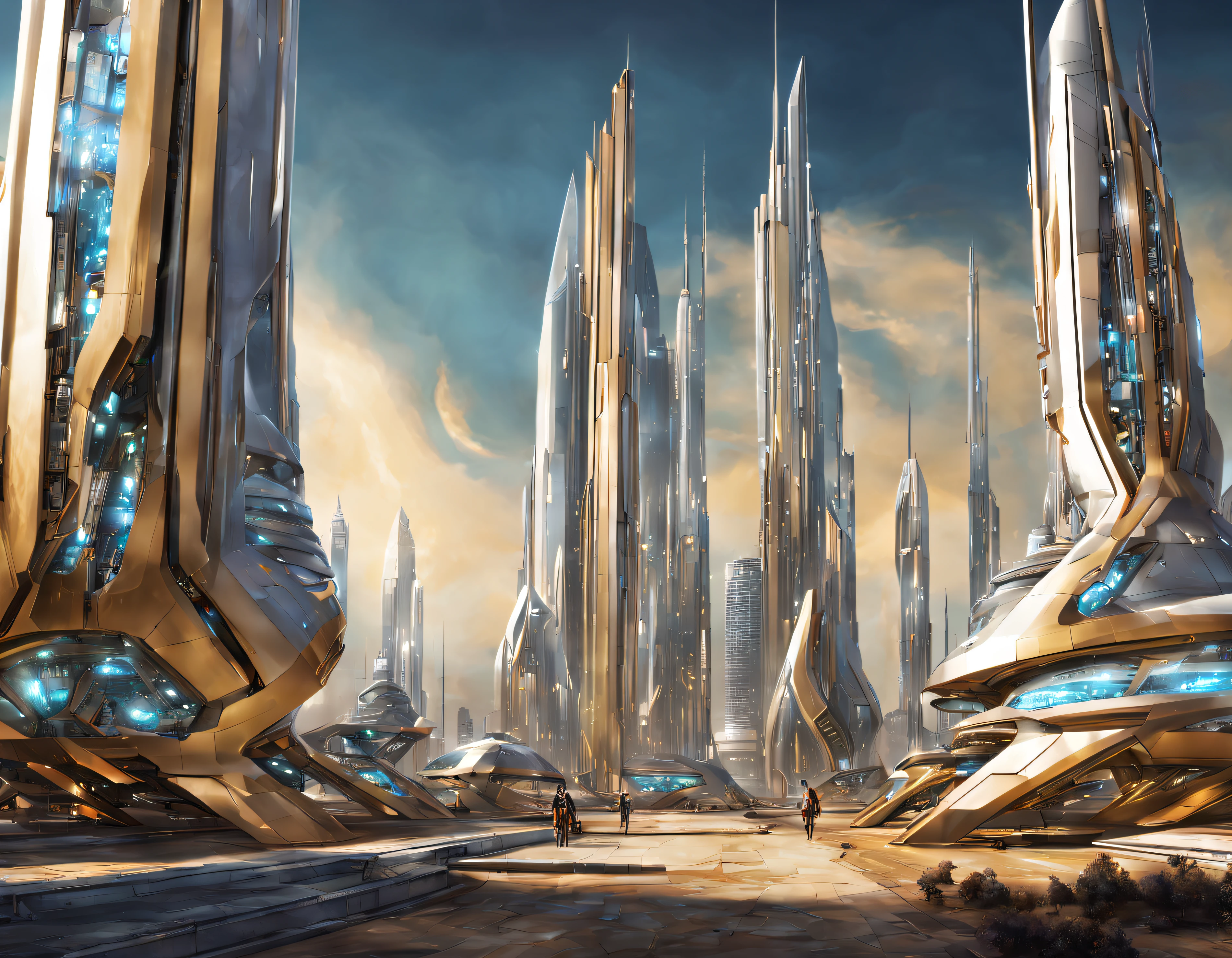 On an unknown planet there is a futuristic city with immense buildings of technological design, con estructuras acristaladas en plata, oro y bronce espectaculares en la que sobrevive un robot femenino espectacular. con colores vivos. pavimento ensolado.