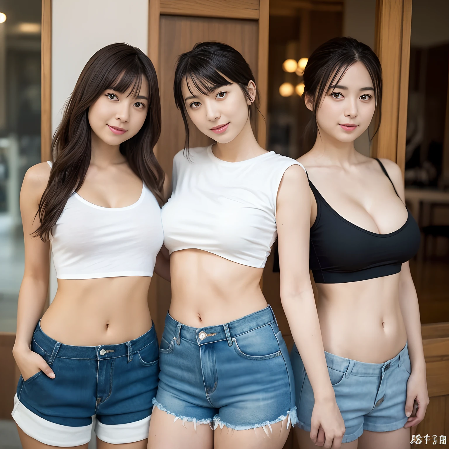 (8K、Raw photography、top-quality、masuter piece:1.2)、ultra-detailliert、ultra res、(realisitic、rialistic photo:1.37)、portlate、high-definition RAW color photography、2girls,Full body shot、smil、Plump figure、Curvaceous、big butts、Hourglass-shaped body shape、(Abundant thighs:1.4)、((large full breasts:1.2)),Cropped T-shirt, skinny T-shirt, tight open-cut top, Hot Pants Shorts、japanes