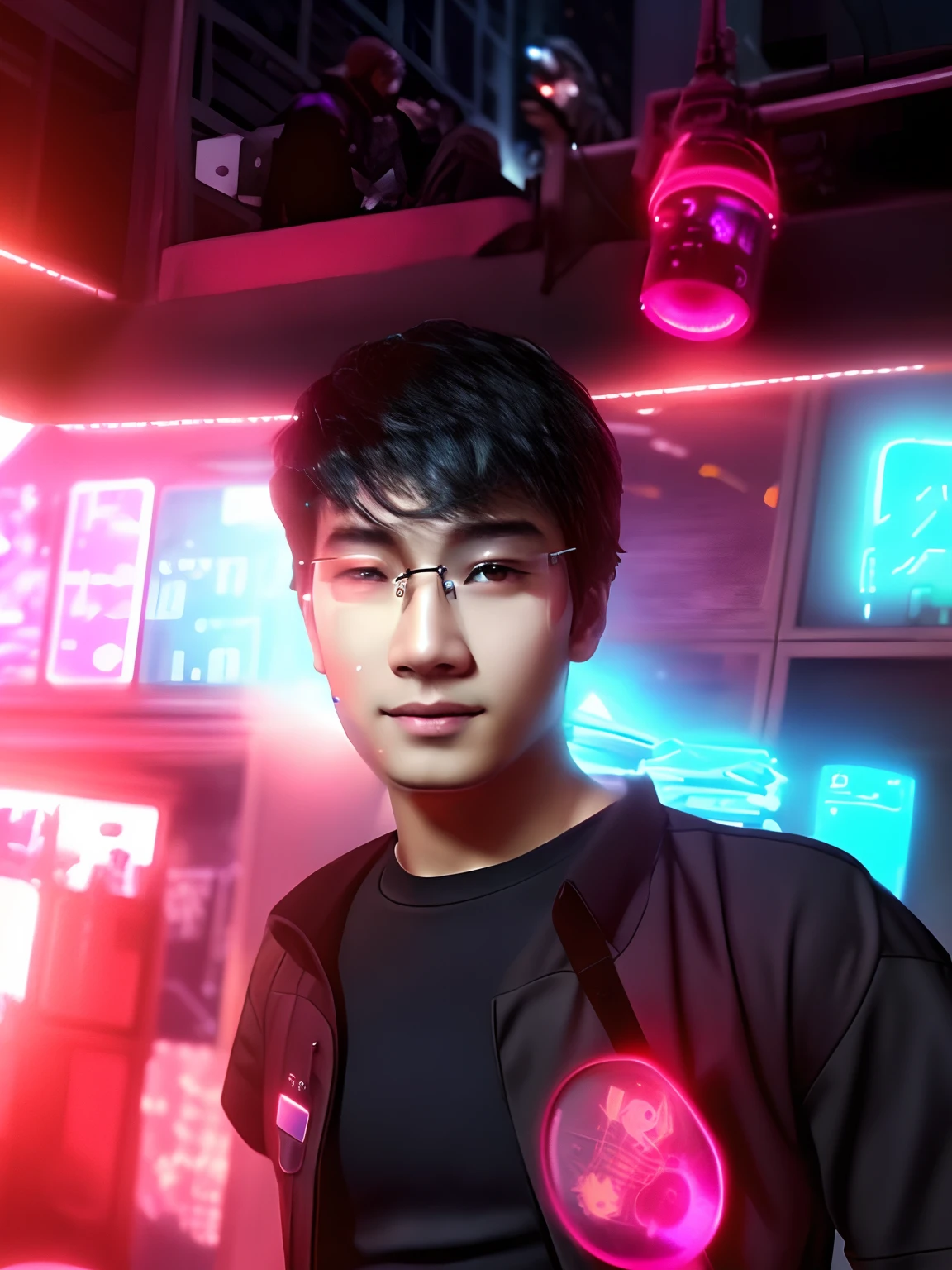 Change background, cyberpunk handsom boy realistic same face with specs