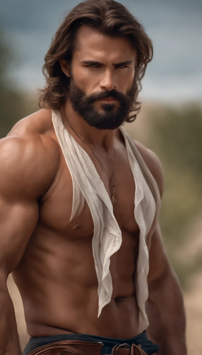 (the best quality,8k,Realstic),bel homme,Barbe abondante,macho,yeux bleus,cheveux bruns,bons muscles,corps entier,sur la chemise