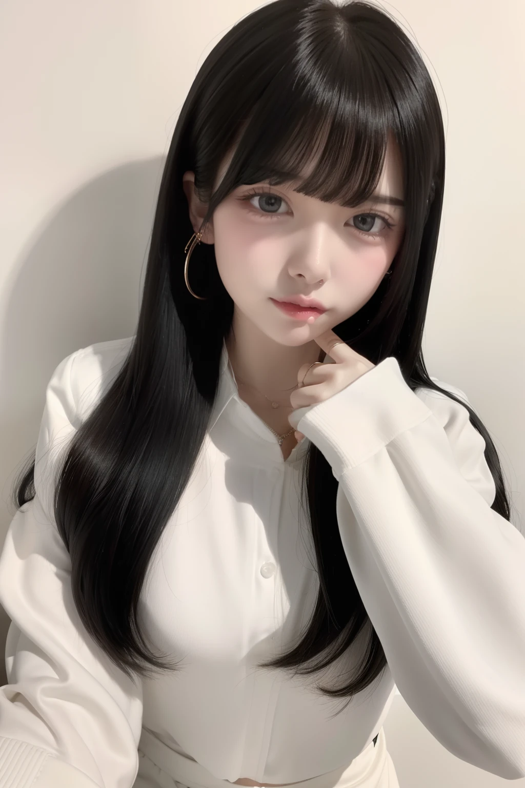 top-quality、8K、32K、masterpiece、nffsw:1.2)、1girl in、One girl、A dark-haired、Heavy bangs、long hair to the chest、Wearing a black long-sleeved puff-sleeved blouse &White flare mini skirt、Cute clothes、White wall background、Focus on the face、Focus on the face