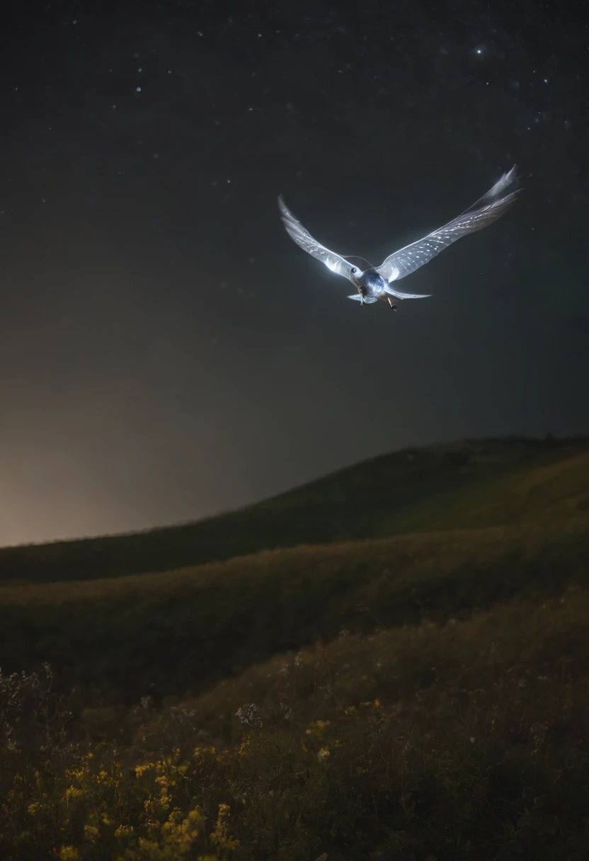 "Spaceship resembling a bird with two wings floating above a nocturnal meadow above the horizon、Detailed illustrations of craft on the hull with a pattern that looks like a journey of shining stars"byBy Shinkai Makoto