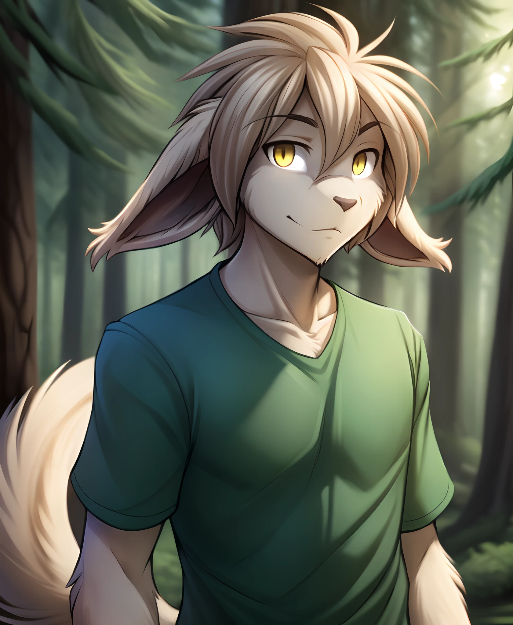 Keith Keiser, keith, Basitin, twokinds, by tom_fischbach,, (best quality, masterpiece:1), solo, furry male anthro, yellow eyes, medium hair, Light Brown hair, body Light Brown, portrait, fingers, finger claws, looking at viewer, tail, long ears, (outdoors dark forest trees blurry blurred background:1.1), Green shirt