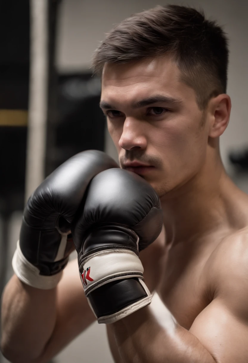 Male boxer,Wear black boxing gloves,Boxing action training,Bust photo,hyper HD,超高分辨率,1.4x Realistic Ultra HD