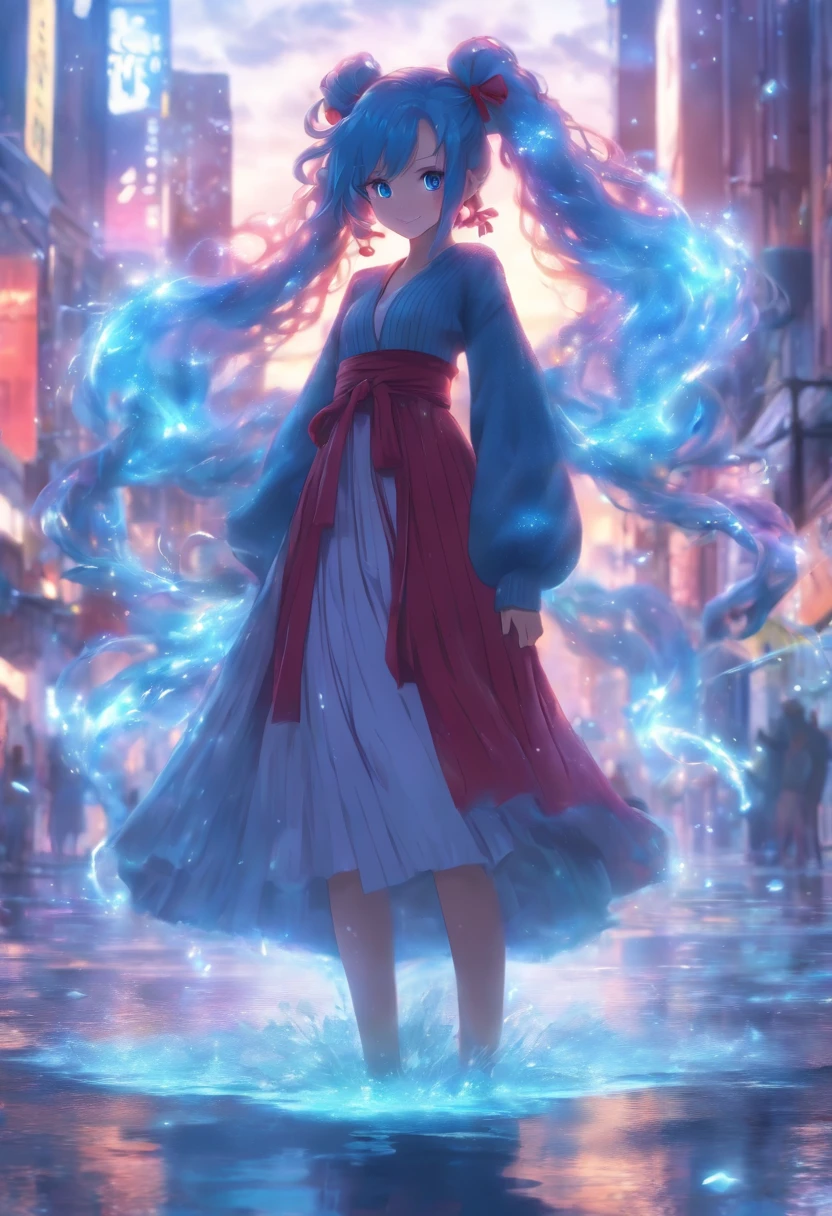 (No skin exposed, voluminous sleeve cardigan, long sleeve blouse, long skirt), (Solo), Very cute girl (1), (Shining long blue hair, tied up, ears out), (Blue eyes), Light from one hand Aura, downtown area after rain, clouds and rainbow in the sky, small puddle, super smile, red cheeks, small breasts, (sparkling) (detailed objects)