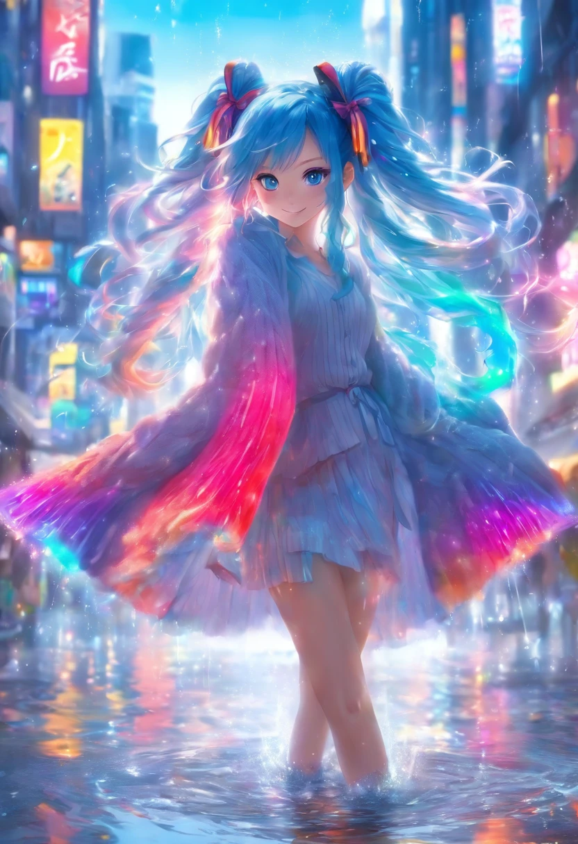 (No skin exposed, voluminous sleeve cardigan, long sleeve blouse, long skirt), (Solo), Very cute girl (1), (Shining long blue hair, tied up, ears out), (Blue eyes), Light from one hand Aura, downtown area after rain, clouds and rainbow in the sky, small puddle, super smile, red cheeks, small , (sparkling) (detailed objects)
