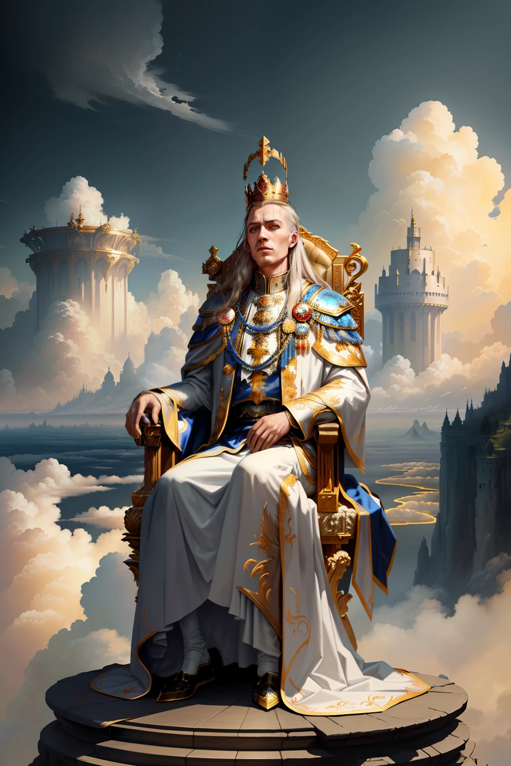 Image of Arafard of a man sitting on a throne in the clouds, ( ( The king of artificial intelligence art ) ), The king of artificial intelligence art, tuomas korpi and wlop, Portrait of a young human emperor, the god emperor of mankind, majesty in noble clothes, wojtek fus, god emperor, sat in his throne, sat in his throne