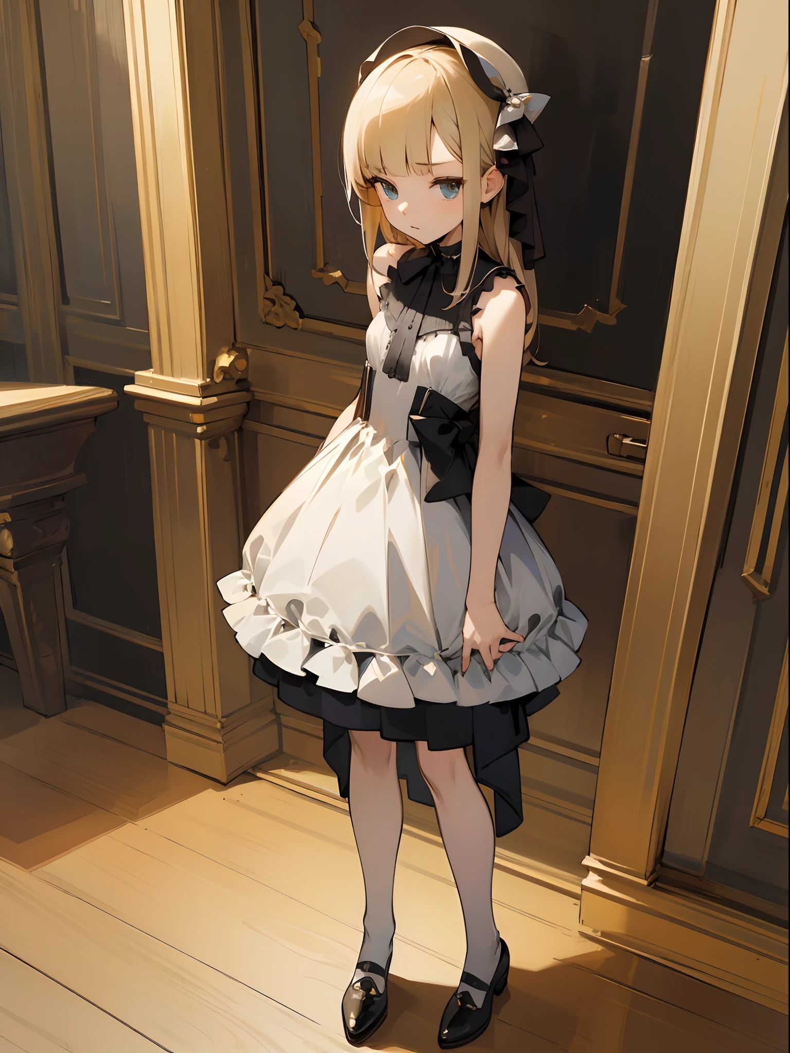 Reines, 1girl, high quality, best quality, illustration, masterpiece, (highly detailed:1.2), (extremely detailed:1.3), small breasts, , sleeveless, (plunging high detail formal dress), young girl, partially visible breasts, string ribbon, short skirt, full body, braid, looking at viewers, petitin a house