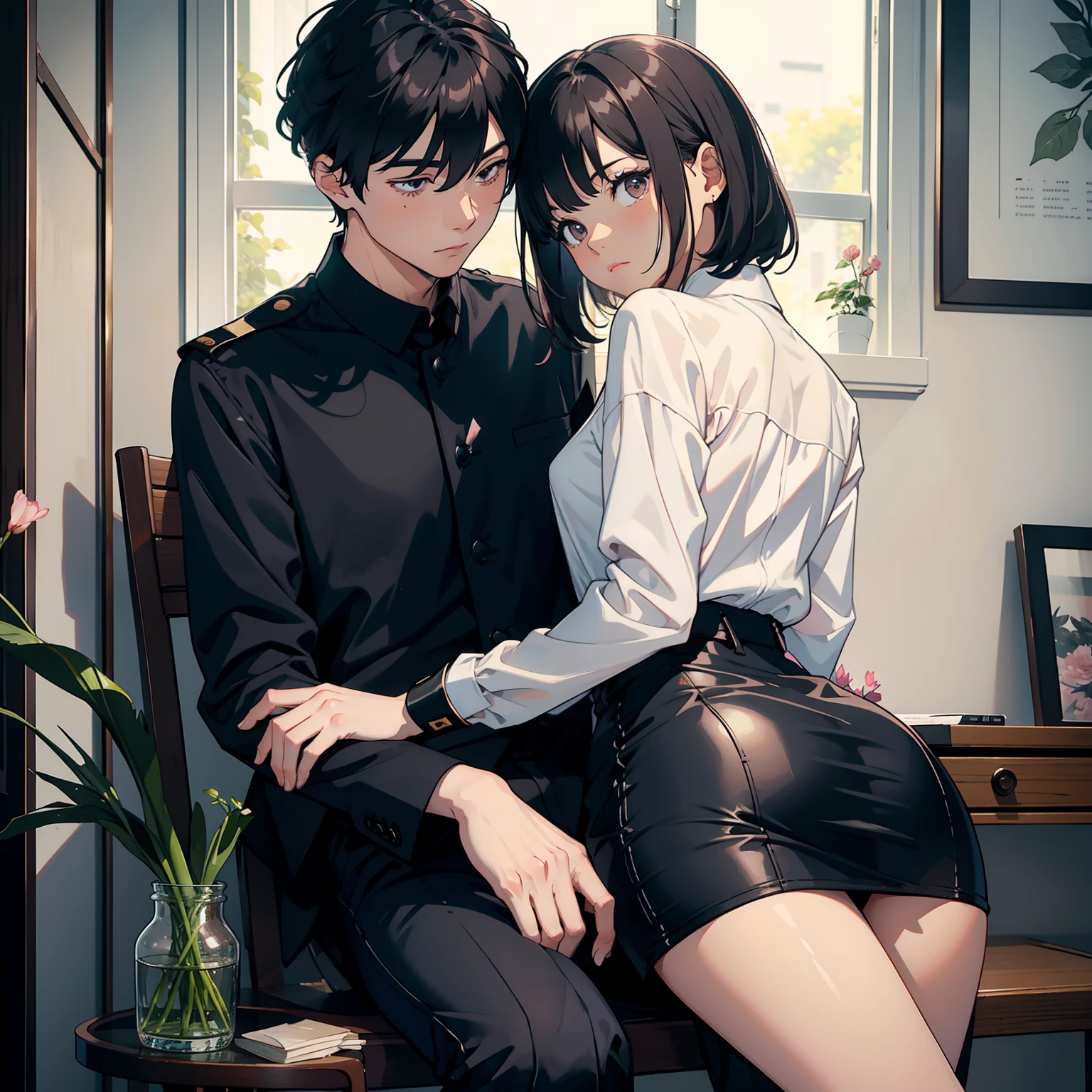top-quality masterpiece Male and female couples Girl sitting on a chair wearing a tight skirt over a blouse。Boys hugging each other from behind。Boy in high school long pants uniform with mash cut hairstyle。Without glasses、Revenge relationship