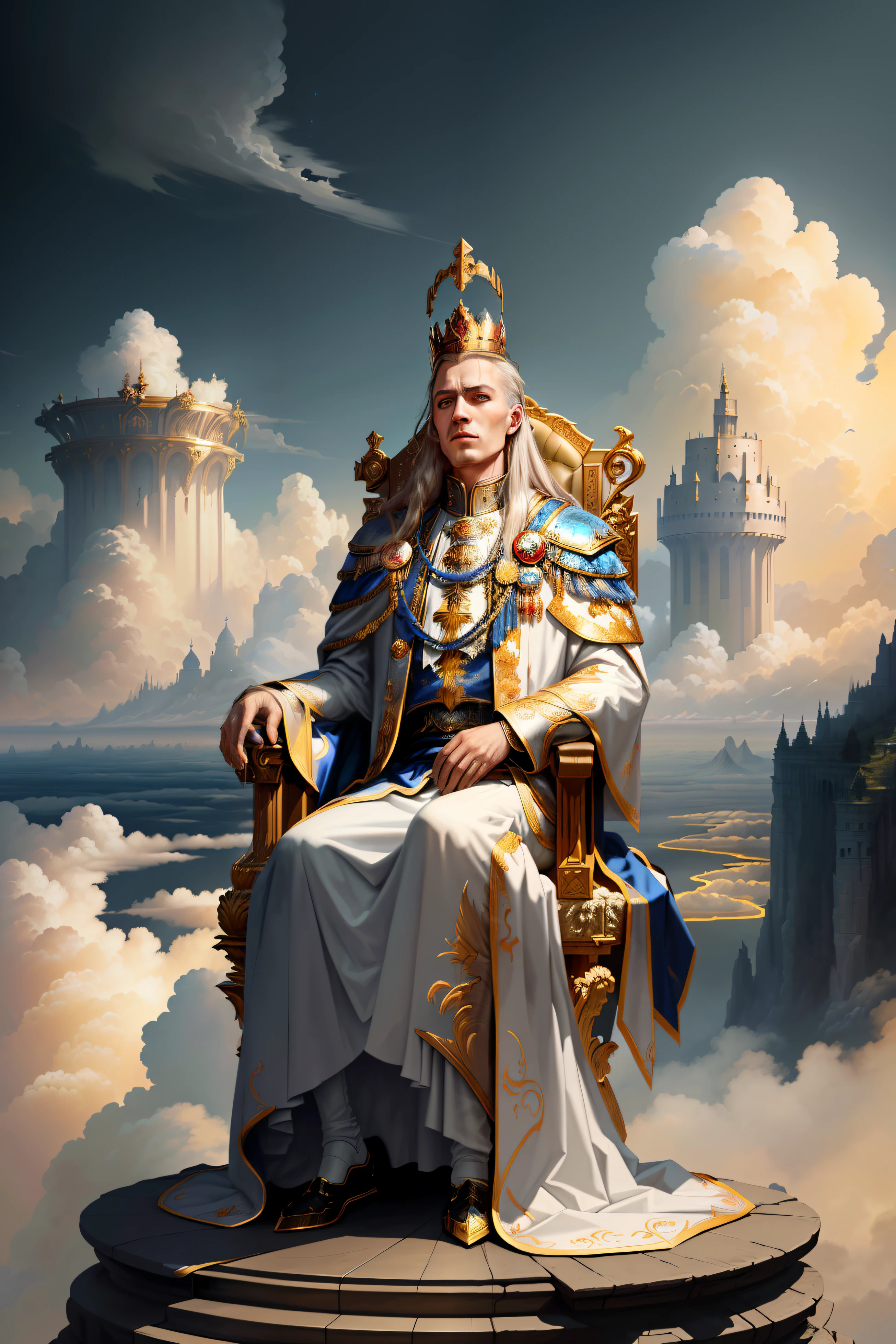 Image of Arafard of a man sitting on a throne in the clouds, ( ( The king of artificial intelligence art ) ), The king of artificial intelligence art, tuomas korpi and wlop, Portrait of a young human emperor, the god emperor of mankind, majesty in noble clothes, wojtek fus, god emperor, sat in his throne, sat in his throne