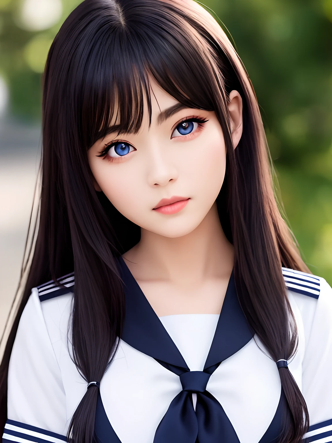 Model shooting style, (highly detailed CG Unity 8K wallpaper), portrait of beautiful woman, dark magic school uniform, flowing hair, photorealistic photo, trending on ArtStation, trending on CGSociety, complex, high definition, sharp focus, dramatic and photorealistic photography, Canon EOS Mark IV, f5.6 , Matt, {Very Delicate Beautiful Girl}, 8cg wallpaper, masterpiece, cold look, handsome, medium, super body, staring viewer, school uniform, sailor suit, seraphku, messy long hair, big eyes beautiful eyes in detail {{black cross hairpin}}, handsome, shiny hair, dramatic angle