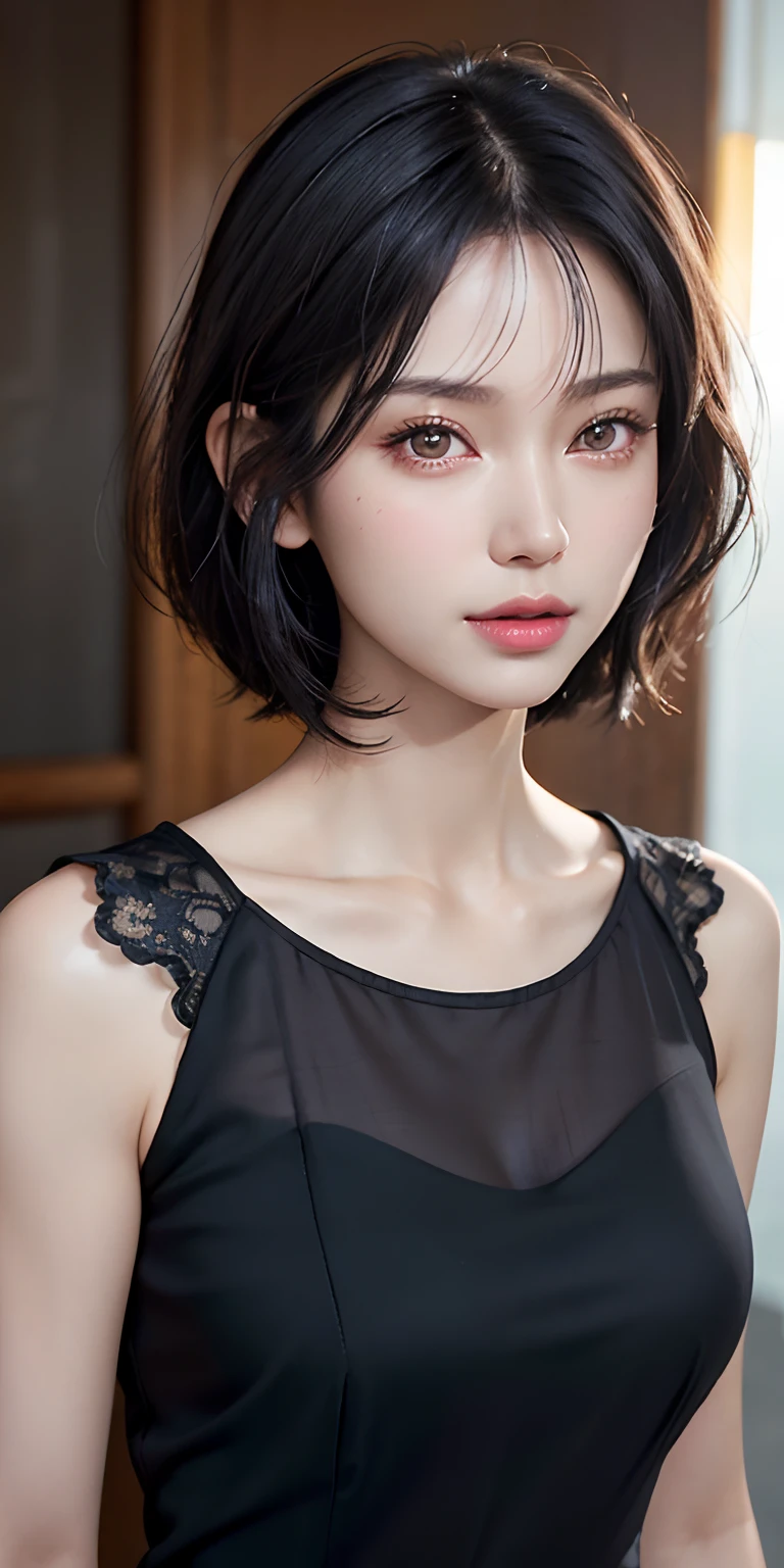 Kai Kokoai, Short Hair, Black Hair, (Photorealistic:1.4), (Masterpiece, Sidelight, Exquisite Beautiful Eyes: 1.2), Masterpiece*Portrait, Realistic, 3D Face, Glistening Eyes, Glossy Hair, Glossy Skin, Solo, Embarrassing, (Abdomen),