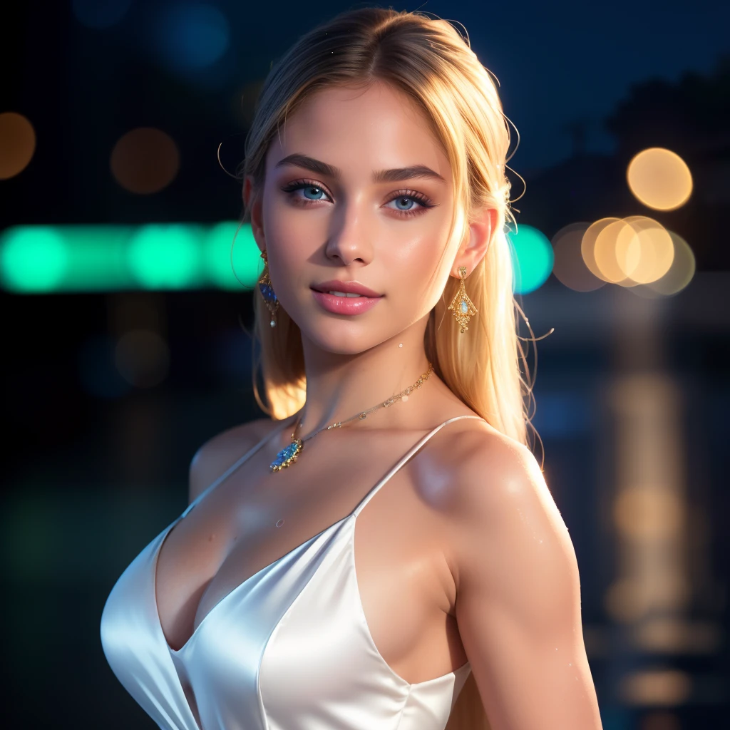 8K, masterpiece, RAW photo, best quality, photorealistic, ultra detailed 8K unified CG wallpaper, depth of field, cinematic light, lens flare, ray tracing (extremely beautiful face, beautiful lips, beautiful eyes), face with intricate details, ((ultra detailed skin)) 1 girl, In the dark, deep shadow, pretty girl, 1 girl, (Very slim and slender muscular body: 1.3), ((see viewer)), (Big smile: 1.3) , ( Fashionable night, Dark night, (neon lights sign), (Blurred background), Fashionable street night), (No one in the background: 1.3), Beautiful earrings, bracelets, necklaces, No panties, Blue eyes , Walking, (Light skin), (Big eyes), Face forward, (blond hair), (Full-length photo), ((White silk dress: 1.3)), ((tight dress)), ((Dresses transparent)), The whole body is wet with water, (The clothes are soaked: 1.8), (see the viewer: 1.3) open chest, Nipples visible, Very thin, Medium breasts, Rear view, (Rear photo), Focus on the ass, Before the eyebrows, (tight dress), thick thighs