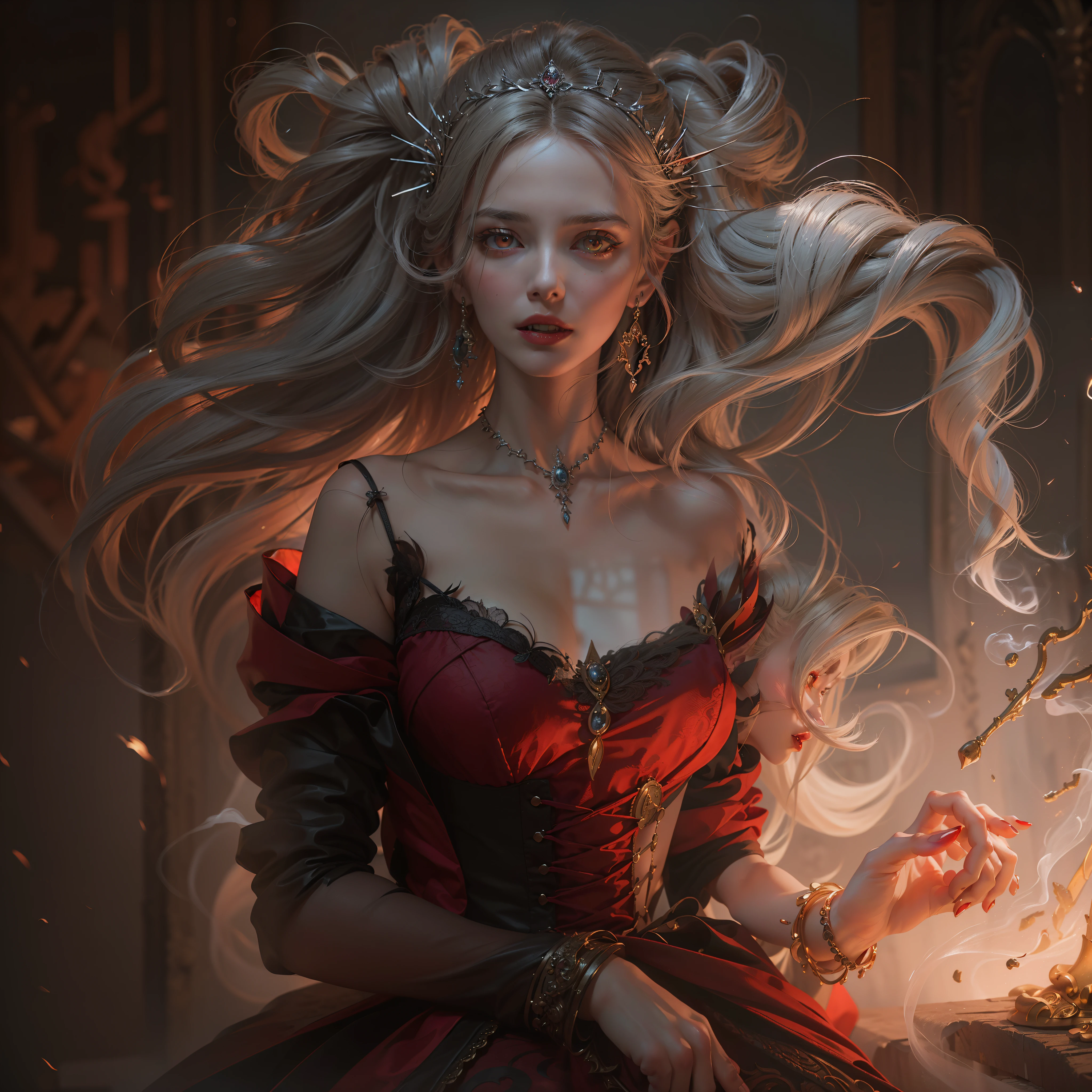 (Numerous award-winning masterpieces, with incredible detail, textures and maximum detail), (hyper realistic:1.4), (realistic:1.3), (Full body image:1.7), (upper body up:0.3), (best quality real texture skin), (five perfect and beautiful fingers:1.8), (Vampire nobility:1.6), (Vampire royalty:1.6), (Two thick, long, sharp vampire teeth protruding from the lips: 1.7), (finely detailed true circle Symmetrical eyes), (finely Detailed and beautiful face:1.6), (Image of aesthetic and decadent atmosphere: 1.6), (fair but beautiful skin and face: 1.6), (wearing many decadent and delicately crafted accessories: 1.8), (elegant and finely carved medieval rooms and furniture: 1.8), (Bio luminescent bright red eyes: 1.7), (Depraved Beauty: 1.6), (A pair of red eyes with strong red light emitting from within:1.7), (old luxurious dress in a calm dark color that covers the whole body is considerably damaged, but elegant and delicately made: 1.8), (elegant and luxuriously crafted accessories:1.8), (Less skin exposure:1.5), (Strong moonlight coming in from outside: 1.7), ((dramatic photo)), ((cinematic light)), (Full-length portrait:1.7), (looks up), (looking down), (dramatic pose), (smoke effects and bewitching light:1.4), beautiful white hair, beautiful silver hair, beautiful blonde hair, Wind Effects, (Drifting purple smoke: 1.3), Ruins of an old castle, Royal Underground Tombs, (dilapidated mansion:1.6), ((Dark nights, full moon nights, new moon nights)), epic realistic, faded, ((neutral colors)), art, (hdr:1.5), (muted colors:1.2), hyper detailed, (art station:1.5), cinematic, warm lights, light effect, dramatic light, (intricate details:1.1), complex background, (Greg rutkowski:0.8), (teal and orange:0.4),