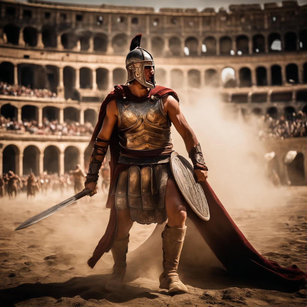 (gladiator:1.1),(Determined,Strong:1.1),(Intense,battle:1.1),(brutal,violence:1.1),(dust cloud),(The crowd roared),(Colosseum),(epic battles),(Splashing blood),(Arena),(Triumphant expression),(The physique of a fighter),(Soaked with sweat),(battle scars),(arma:1.1),(Armour:1.1),(Ferocious attack),(spectators in awe),(Overcome adversity),(life-and-death),(victory).