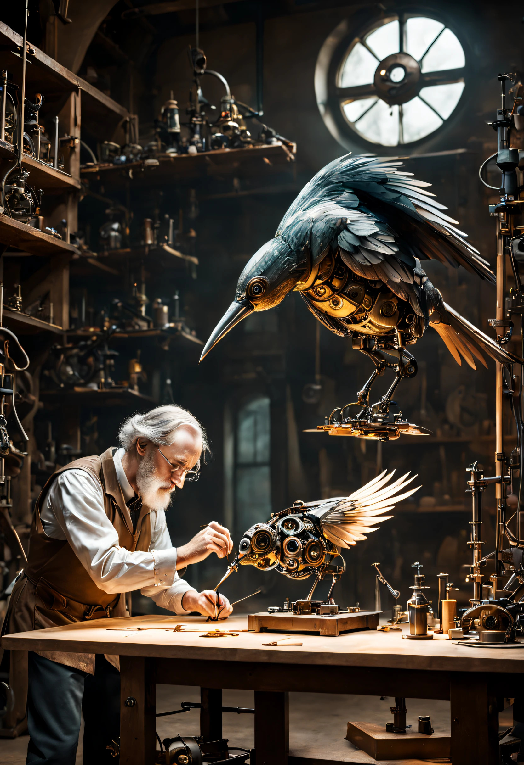 A scientist creating a mechanical bird in a workshop. He is putting the last parts into it. Tolkien-style magical atmosphere.