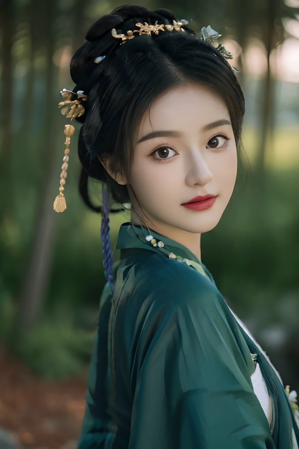 Best quality at best,tmasterpiece,超A high resolution,(photo-realistic:1.4),8K, RAW photogr, A high resolution, (((1girll, half-body portrait))), 独奏, Ancient Chinese green Hanfu, Beautiful pattern, embroidered clothing, beautiful eyes in detail, long eyelasher, RAW photogr, face to the viewer, Close-up Shot Shot, ((( Landscape background))), The upper part of the body, ssmile, Beautiful hairstyle, hair adornments, Beads, jewelry, ((No action))