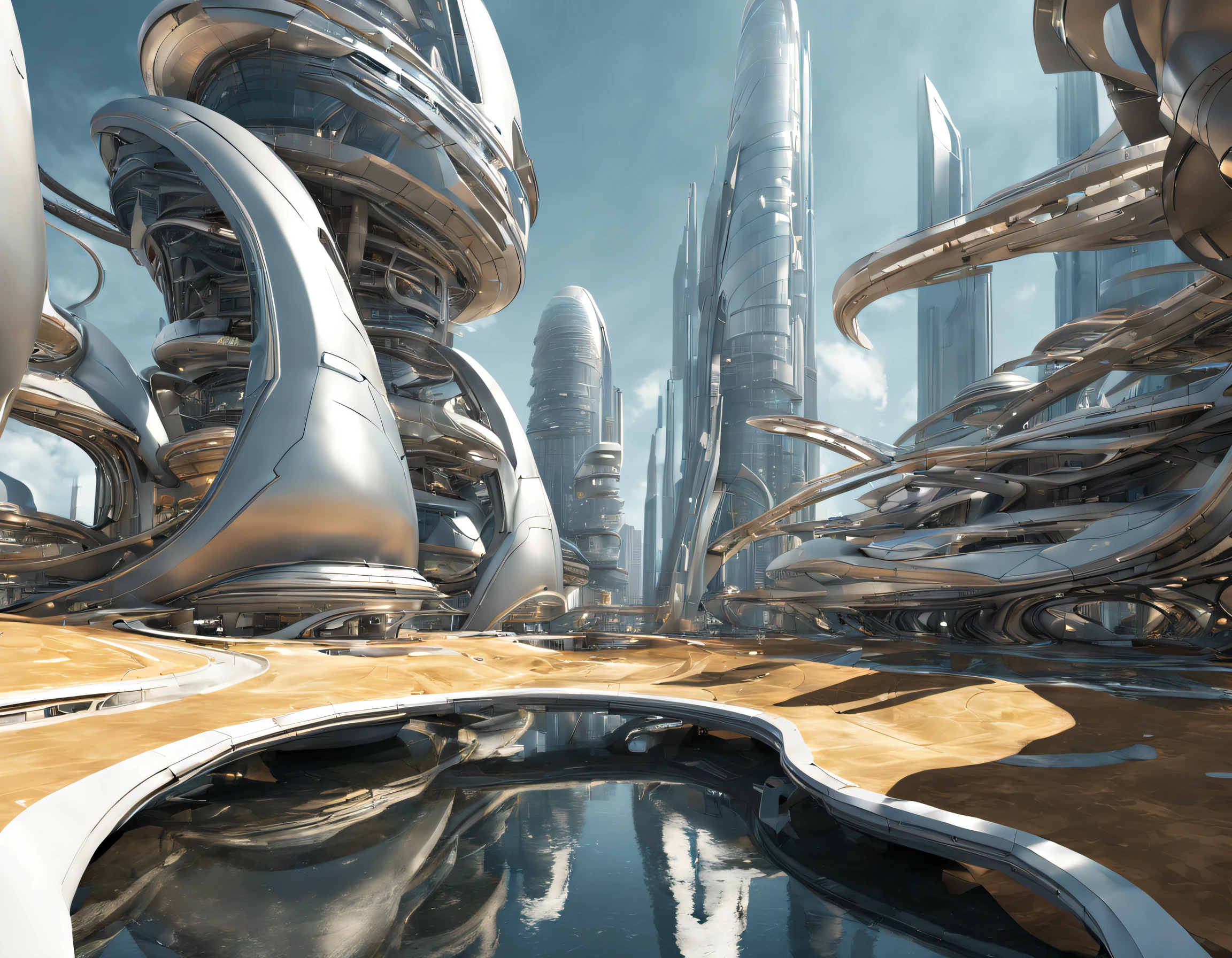 On an unknown planet there is a futuristic city with immense buildings of technological design que forman una infinita avenida, con estructuras acristaladas en plata, oro y bronce espectaculares en la que sobrevive un robot femenino espectacular. con colores vivos. pavimento ensolado