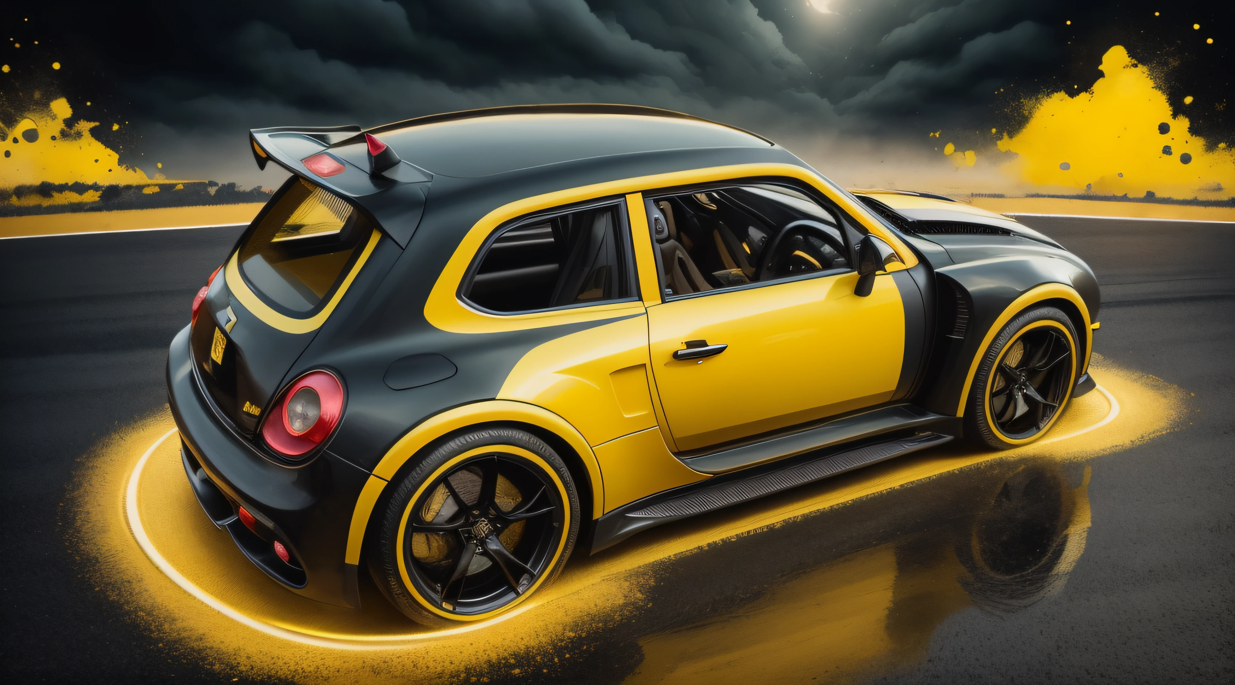 A close-up of a yellow car with a black stripe on the hood, fondo futuristico de noche, luces de neon, cuerpo ancho, Surrealist illustration, Arte oscuro surrealista, obra maestra, hiper realista, lluvia, alta definicion