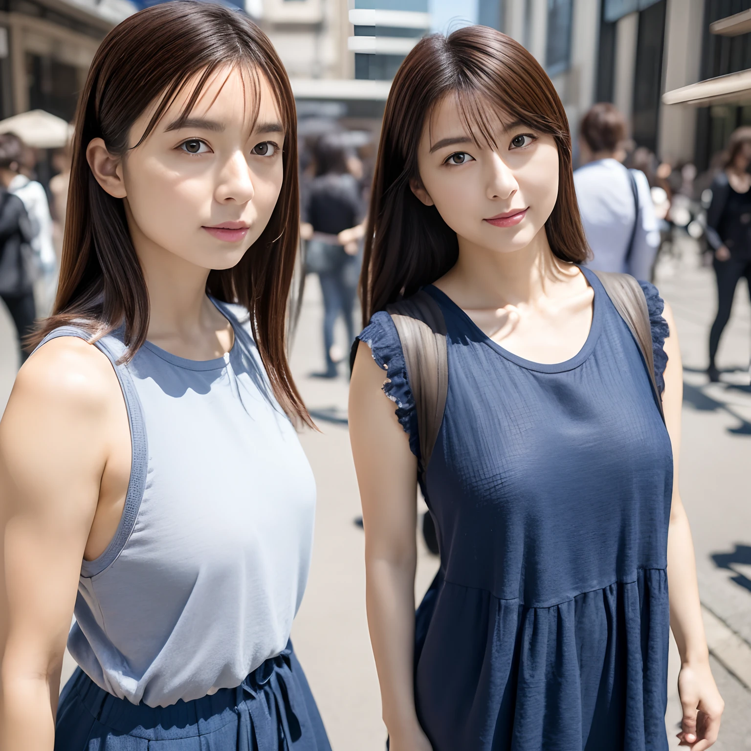 (8K、Raw photography、top-quality、masuter piece:1.2)、ultra-detailliert、ultra res、(realisitic、rialistic photo:1.37)、portlate、high-definition RAW color photography、2girls,Full body shot、well-muscled:1.8、huge-breasted:1.6,appearance々Model style clothes、a miniskirt、japanes
