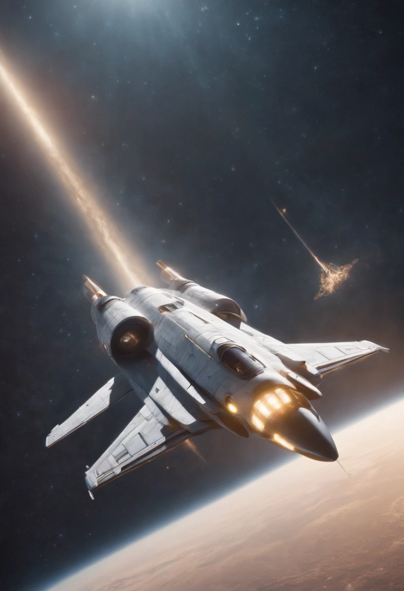 "Detailed illustration of a spaceship craft with two wings and a pattern like a journey of shining stars on the hull floating above the nocturnal meadow above the horizon looking up from below"byLassen
