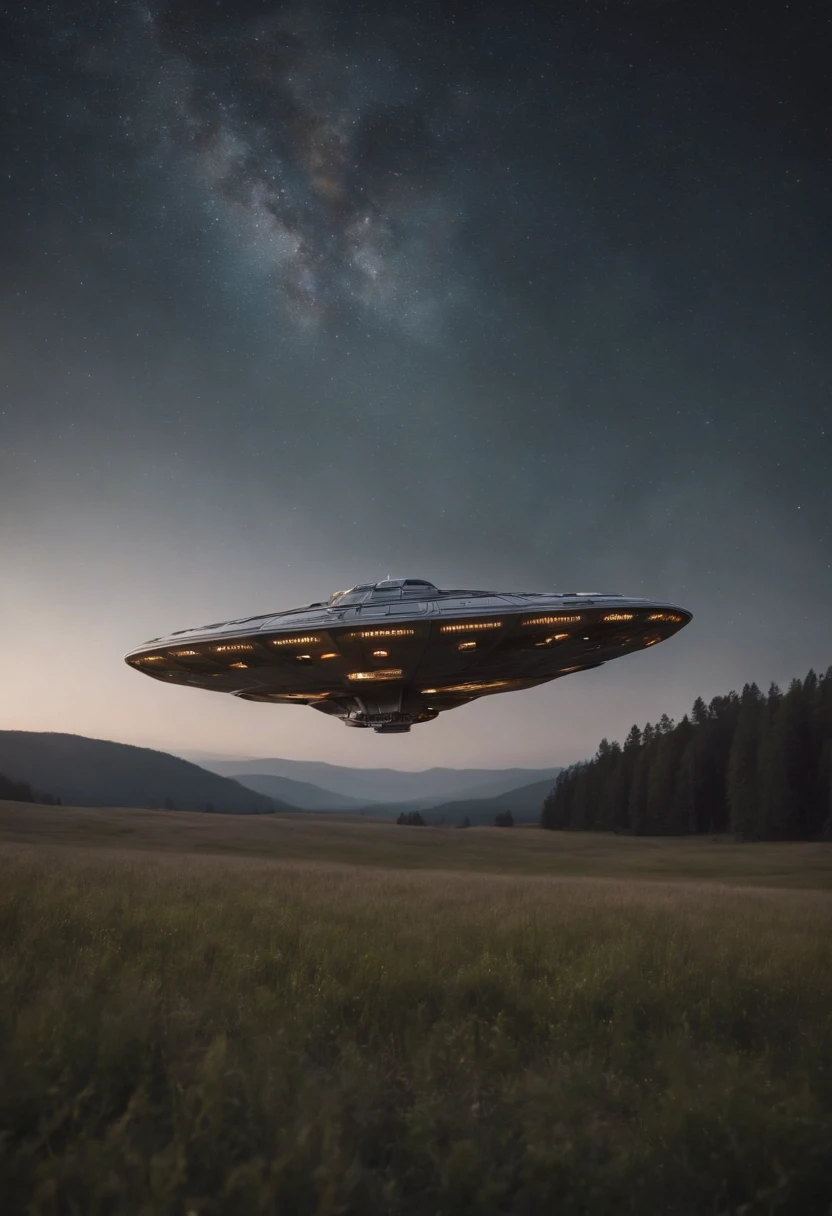 "Detailed illustration of a spaceship craft with two wings and a pattern like a journey of shining stars on the hull floating above the nocturnal meadow above the horizon looking up from below"byLassen
