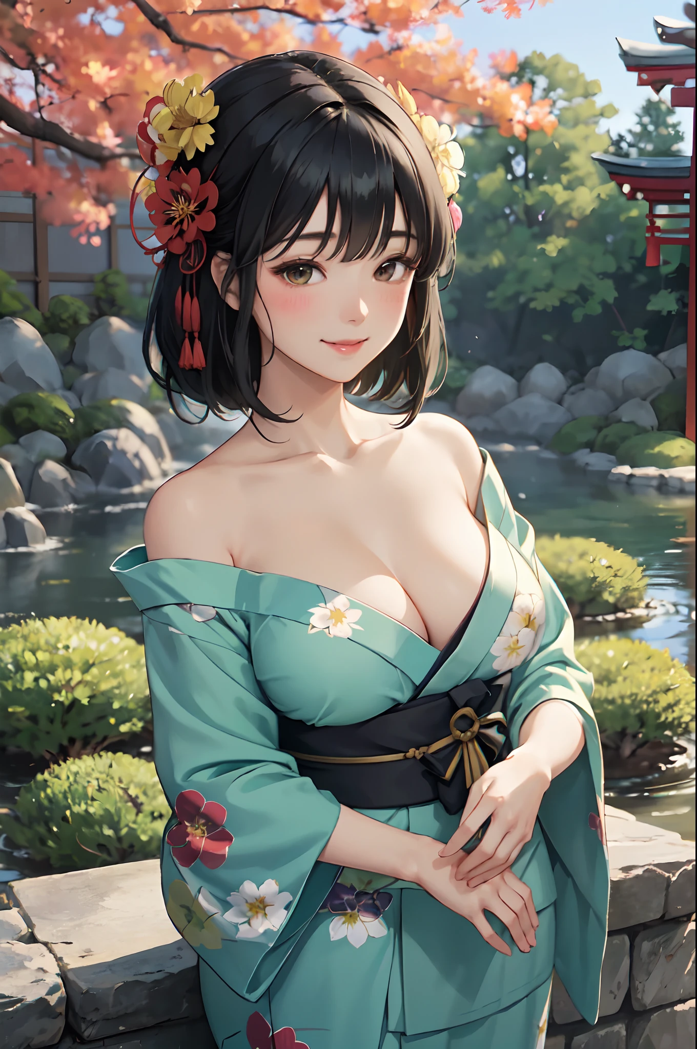 1lady standing, /(deep green yukata floral/), mature female, /(black hair/) bangs, blush kind smile, (masterpiece best quality:1.2) delicate illustration ultra-detailed, large breasts BREAK /(garden of Kyoto/) trees autumn foliage, detailed background