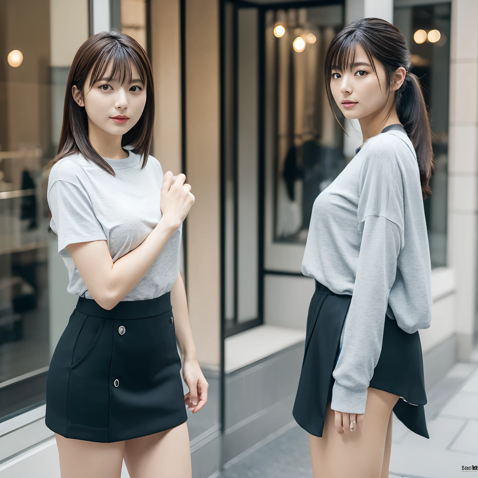 Highest quality、Ultra-detailed、masterpiece、Realistic、Photo realistic、beautiful girl、18-year-old、 style idol outfit、blush、Full Body Shot、Waist、thigh、、smile、bangs、Gray back