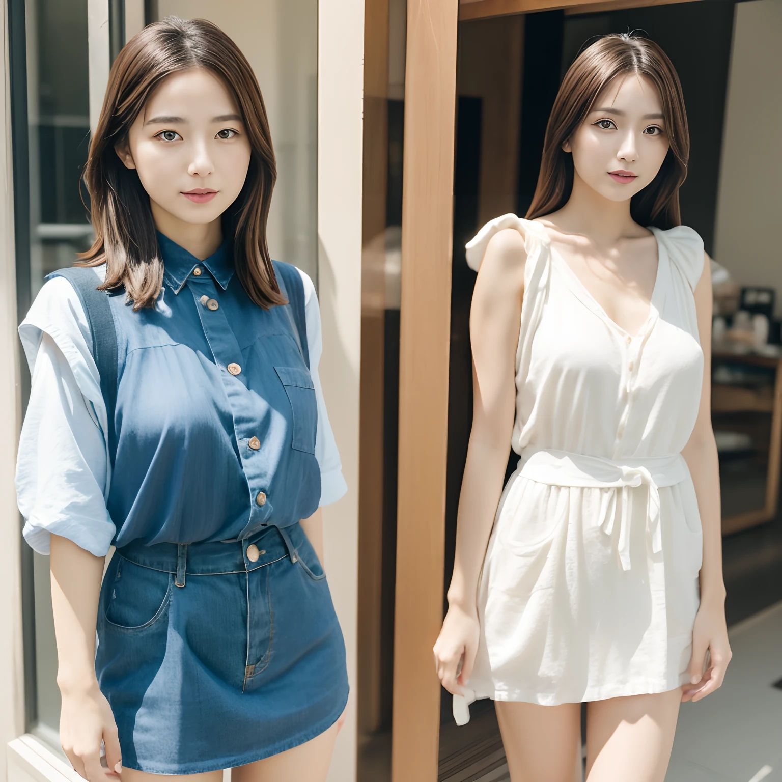 (8K、Raw photography、top-quality、masuter piece:1.2)、ultra-detailliert、ultra res、(realisitic、rialistic photo:1.37)、portlate、high-definition RAW color photography、2girls,Full body shot、well-muscled:1.8、huge-breasted:1.6,appearance々Model style clothes、a miniskirt、japanes