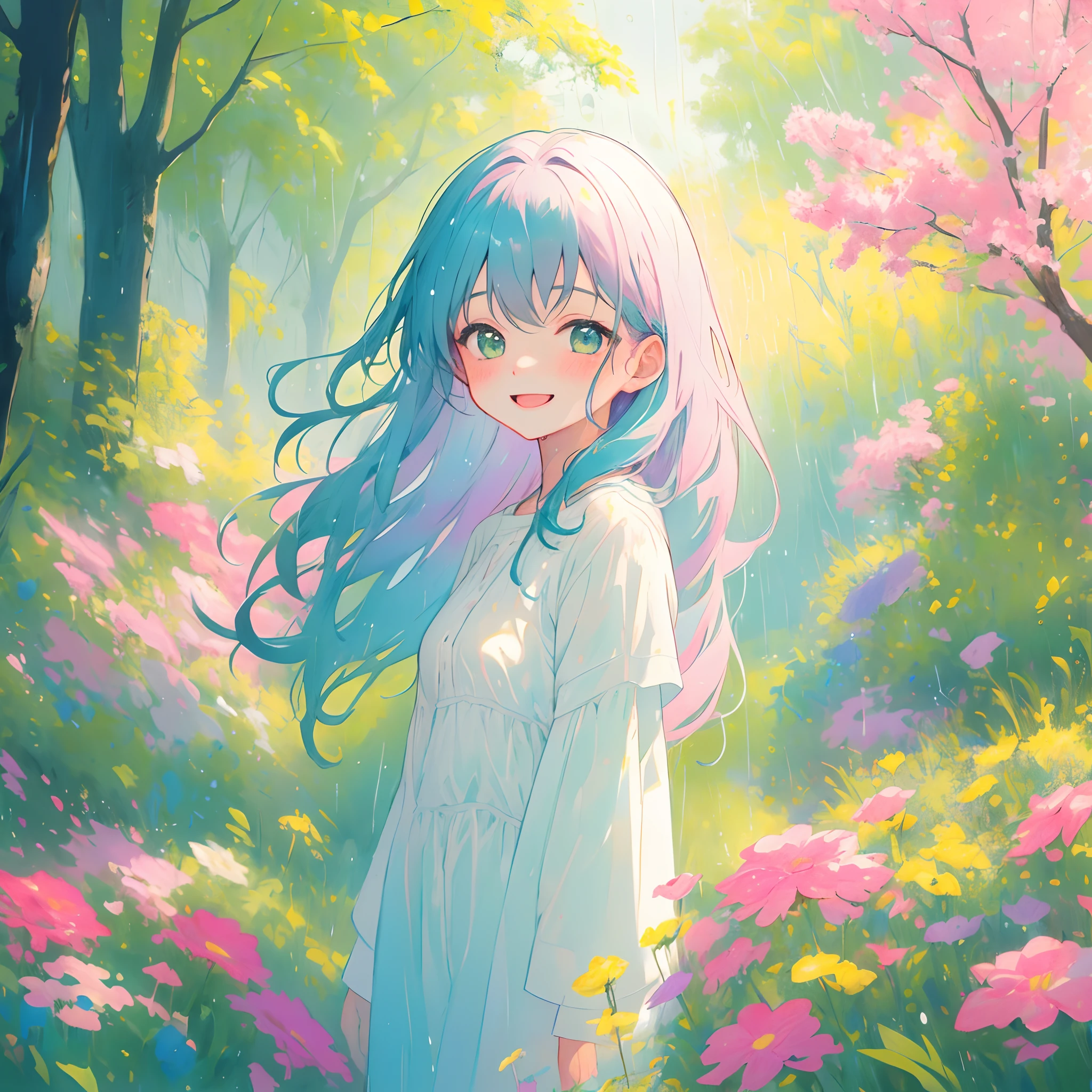 girl, extremely detailed, masterpiece, perfect illumination, (raining), (rain), (pastel colors), (muted colors), smile, extremely happy, dripping wet, colorful, trees, flowers, serendipity, full body portrait