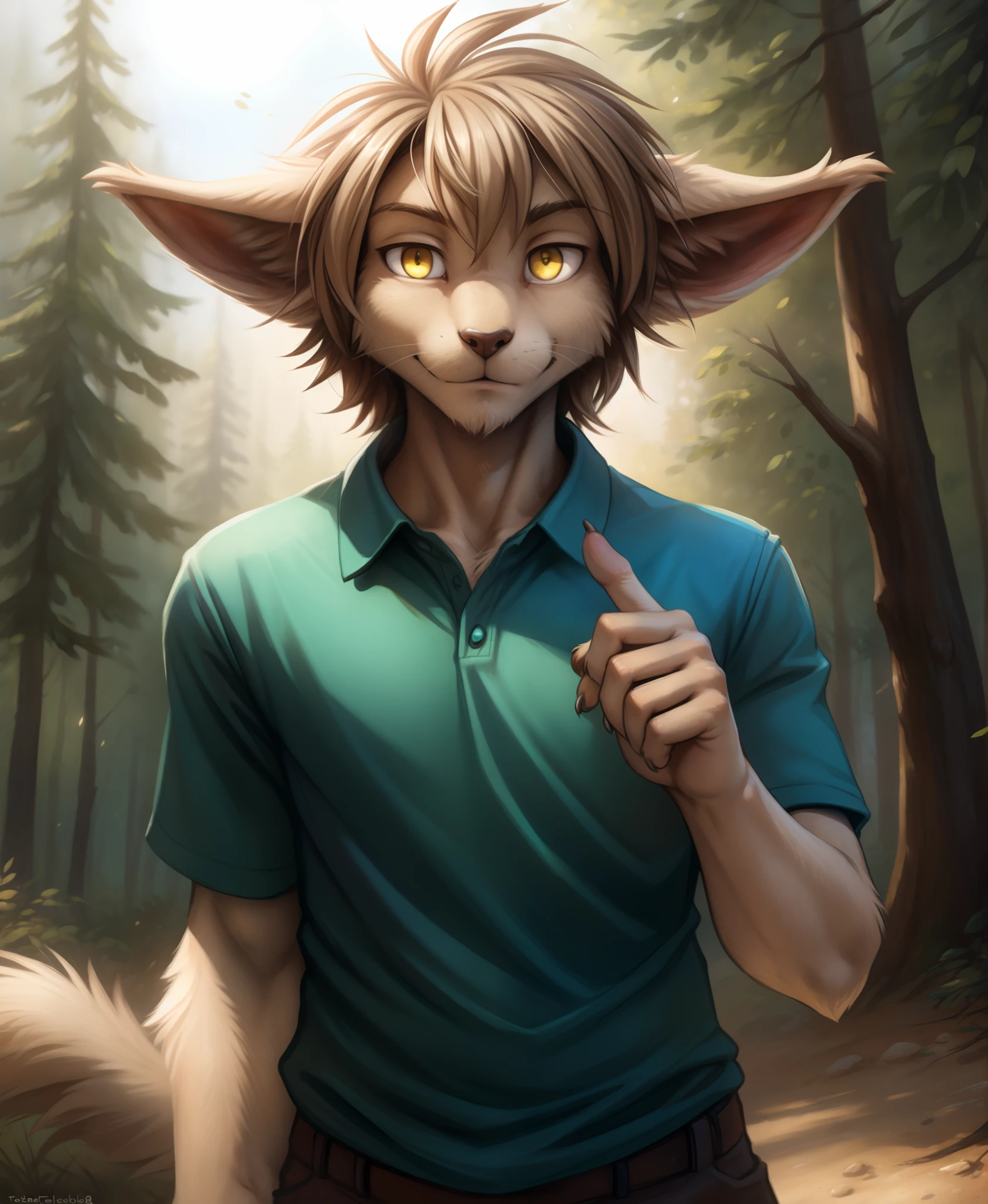 by kenket, by totesfleisch8, (by thebigslick, by silverfox5213:0.8), (by syuro:0.2),, Keith Keiser, keith, Basitin, twokinds, by tom_fischbach,, (best quality, masterpiece:1), solo, furry male anthro, yellow eyes, medium hair, Light Brown hair, body Light Brown, portrait, fingers, finger claws, looking at viewer, tail, long ears, (outdoors dark forest trees blurry blurred background:1.1), Green shirt