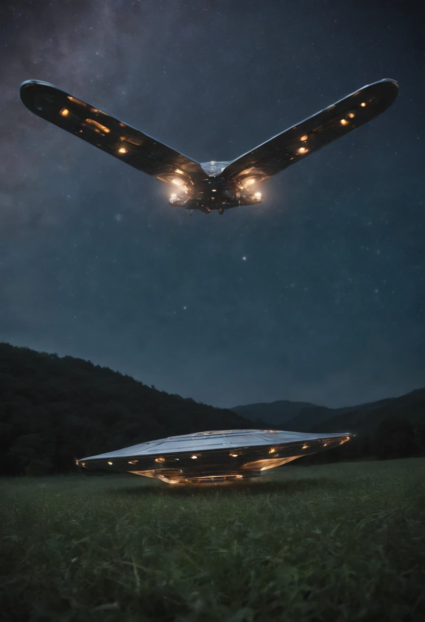"Detailed illustration of a spaceship craft with two wings and a pattern like a journey of shining stars on the hull floating above the nocturnal meadow above the horizon looking up from below"Shinkai Makotokaze