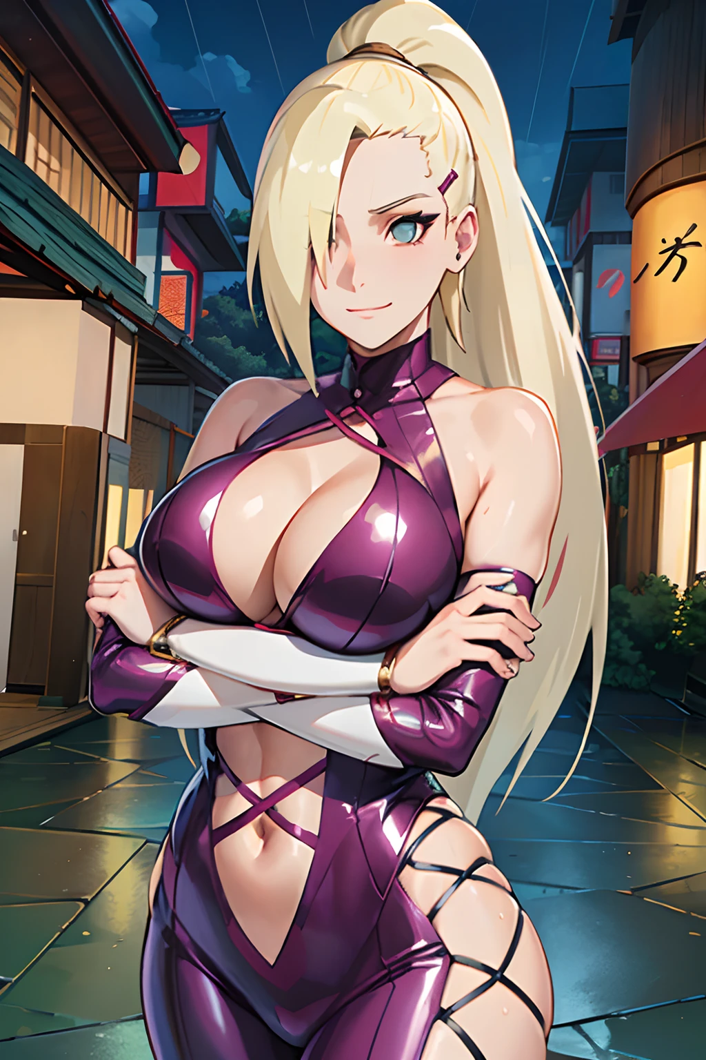 yamanaka ino, night, rain, wet body, wet hair, Standing On The Terrace, Konoha Style Background, detailed eyes, Side Ponytail, blonde hair, sexy figur, big breasts, (sexy latex suit), detailed background, cowboy shot, looking at viewer, crossed arms, dusk, large breasts,
masutepiece, ((hyper detailed background, Delicate pattern, intricate detailes)), (Highly detailed, Fine details), Best Quality, Beautiful lighting, (Portrait), 1girl in, Long hair, Solo, (Smile),cleavage, Closed mouth, (intricate detailed background) , Ino Yamanaka, ((detailed eyes))