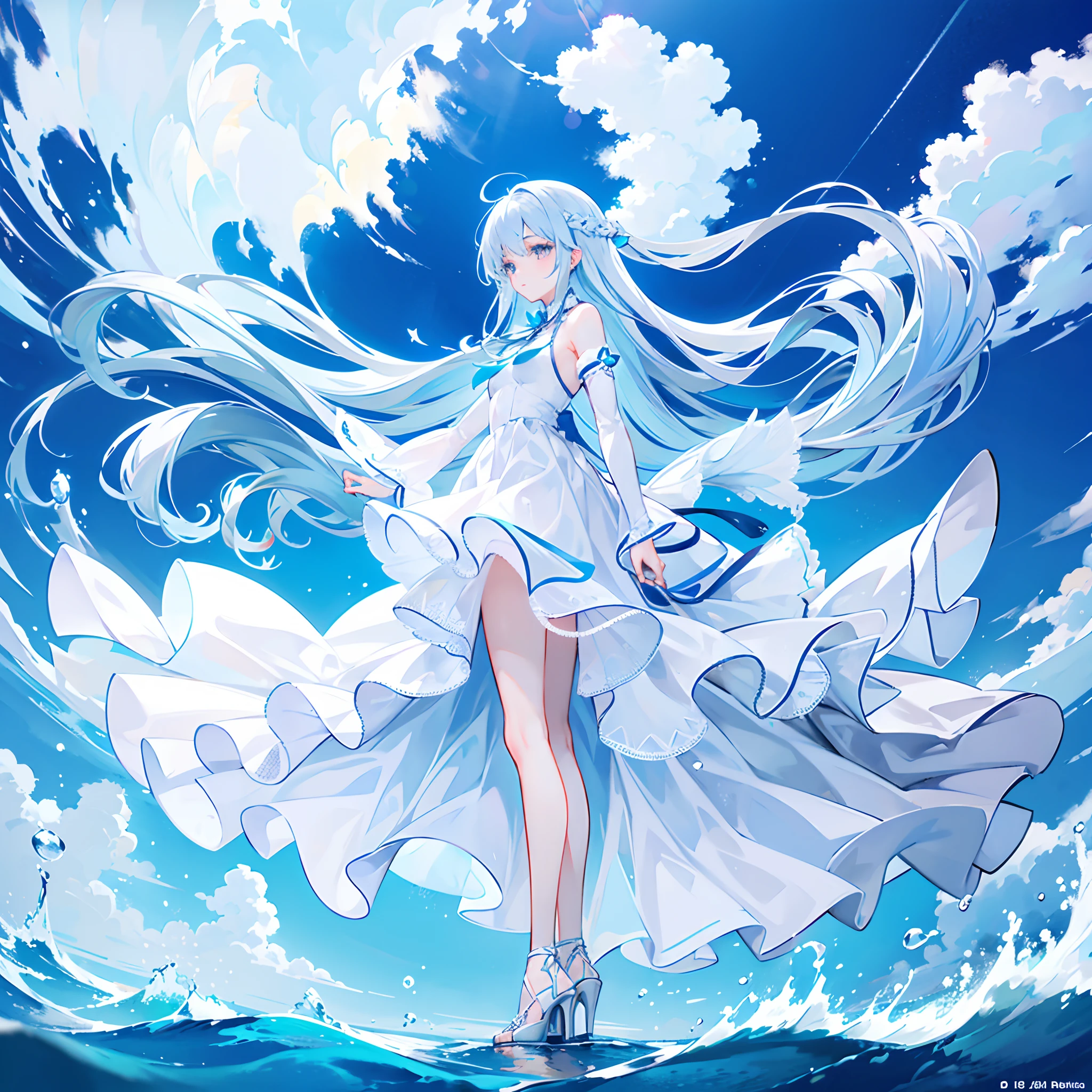 Cold girl White pupils Aqua blue hair Long hair Cold expression,adolable,teens girl,White gorgeous beautiful dress,Wearing white high heels on his feet,Standing on the surface of the sea,standing on water,Photo from the side,All body,Fingers and arms are not exposed,background ocean,with blue sky and white clouds,,Happy expression