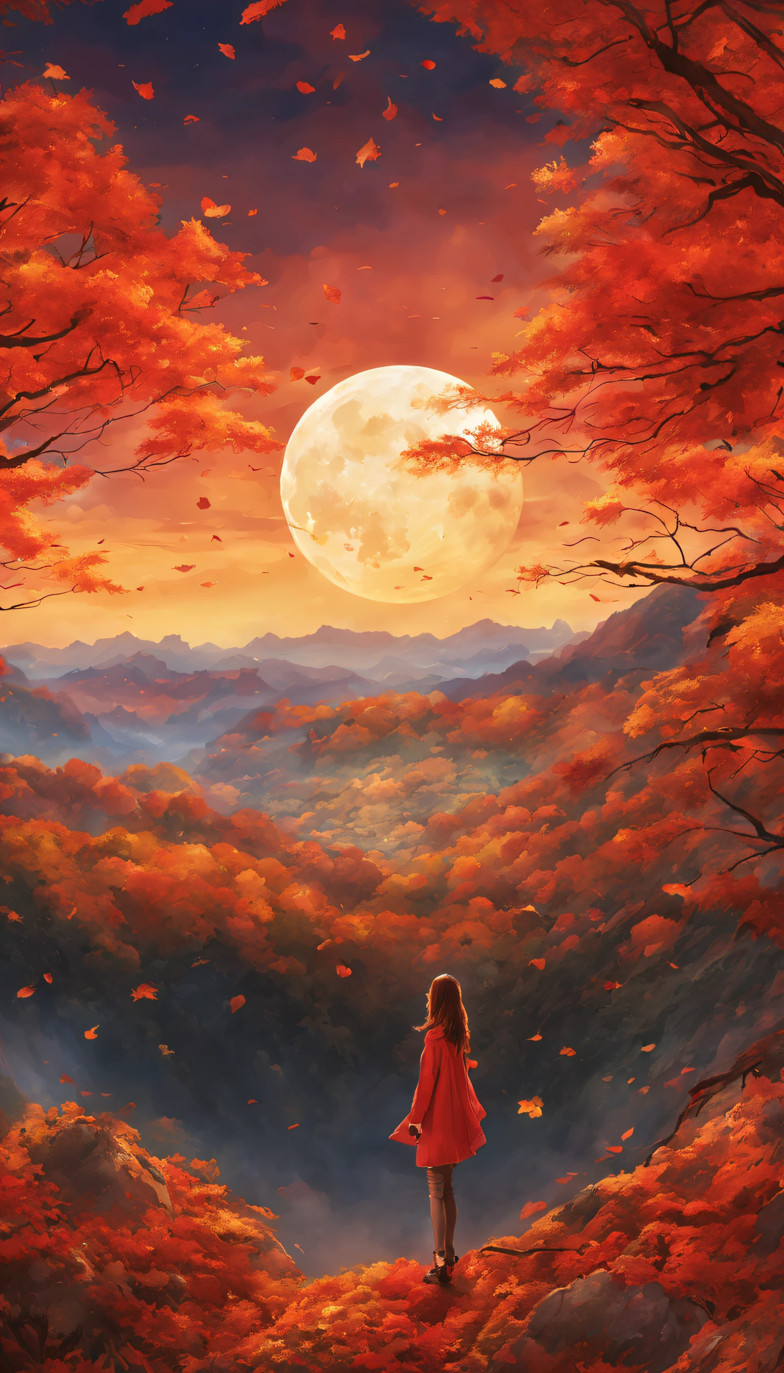 Vast autumn landscape photo、（View from below with a view of the sky and the wilderness below）、Girl looking up at autumn leaves、（fullmoon：1.2）、（shooting stars：0.9）、（nebulas：1.3）、mountain in the distance、Tree BREAK Production Art、(Warm color Light Source:1.2)、abajour、Red and orange、intricate detailes、Volume Lighting BREAK (​masterpiece:1.2)、(top-quality)、4k、ultra-detailliert、（The composition of the movement：1.4）、Highly detailed and colorful details（Irridescent color：1.2）、（glowing lighting、Atmospheric illumination）、dream-like、Magical、（独奏：1.2）