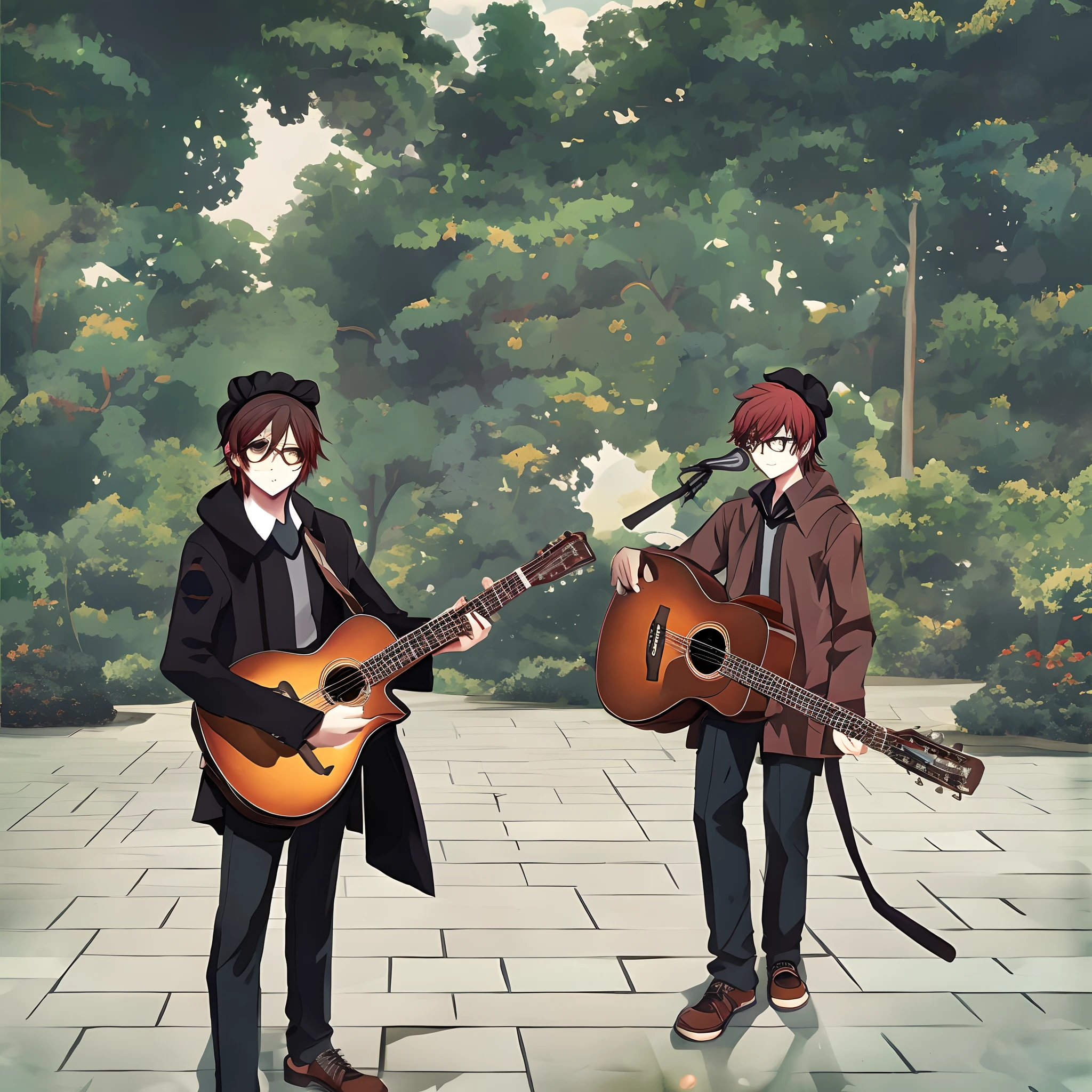 solo, instrument, goggles, park background, 1boy, cute background, guitar, greyscale, goggles on head, male focus, black hair, rockstar, messy anime hair, soft boy, femboy, anime,